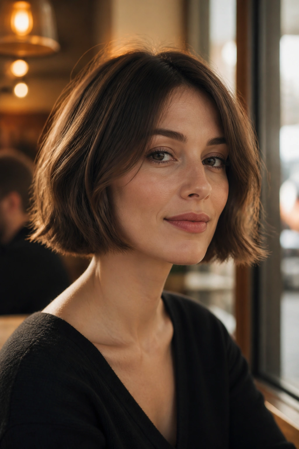 Close-up portrait of a real woman with a French bob and a soft bend at the ends