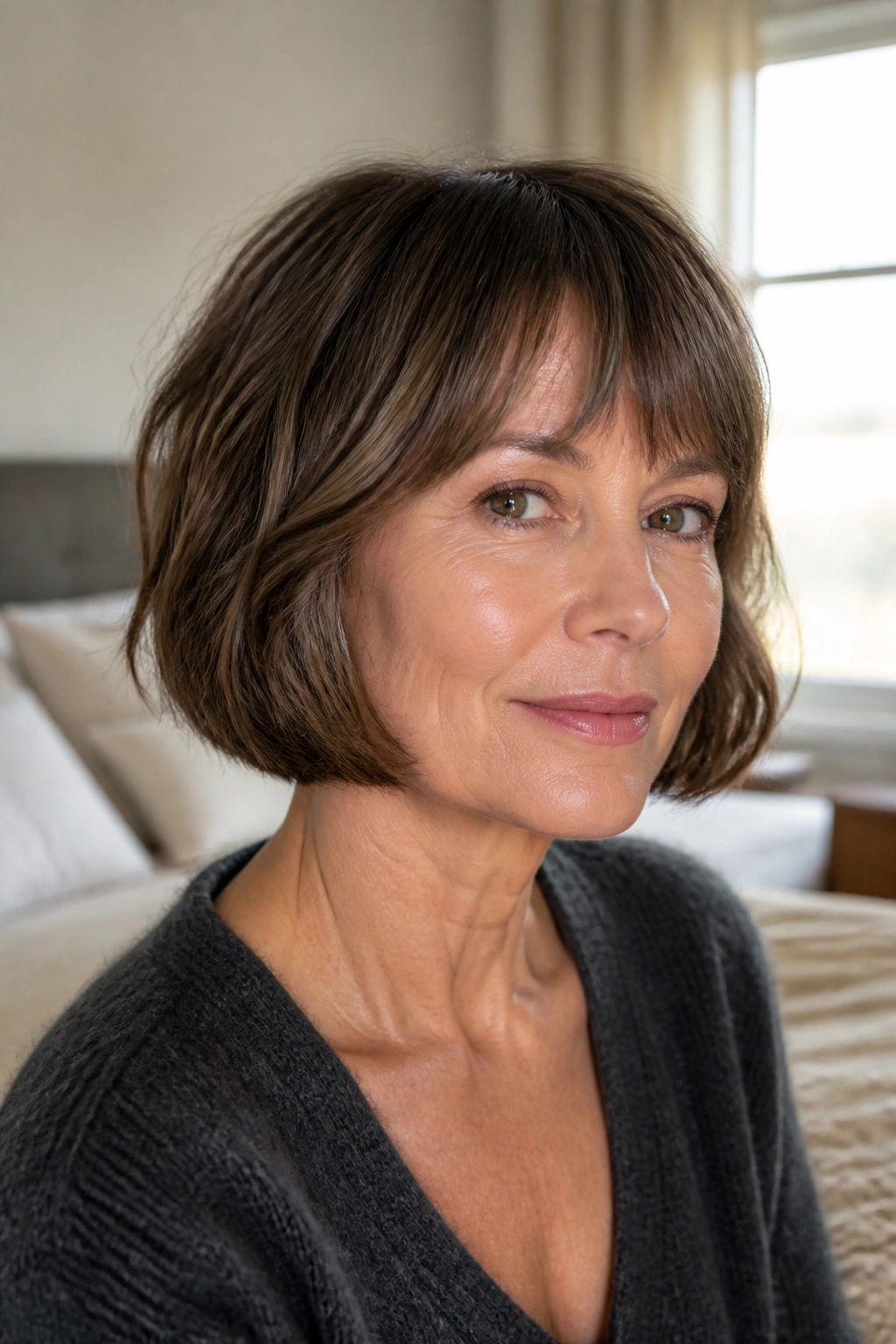 Close-up portrait of a real woman with a jawline-length French bob and a gentle bend at the ends in natural window light