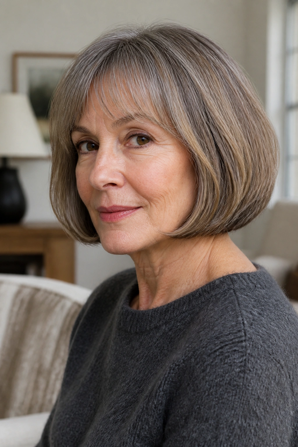 Real woman with French bob and slight bend in soft living room light