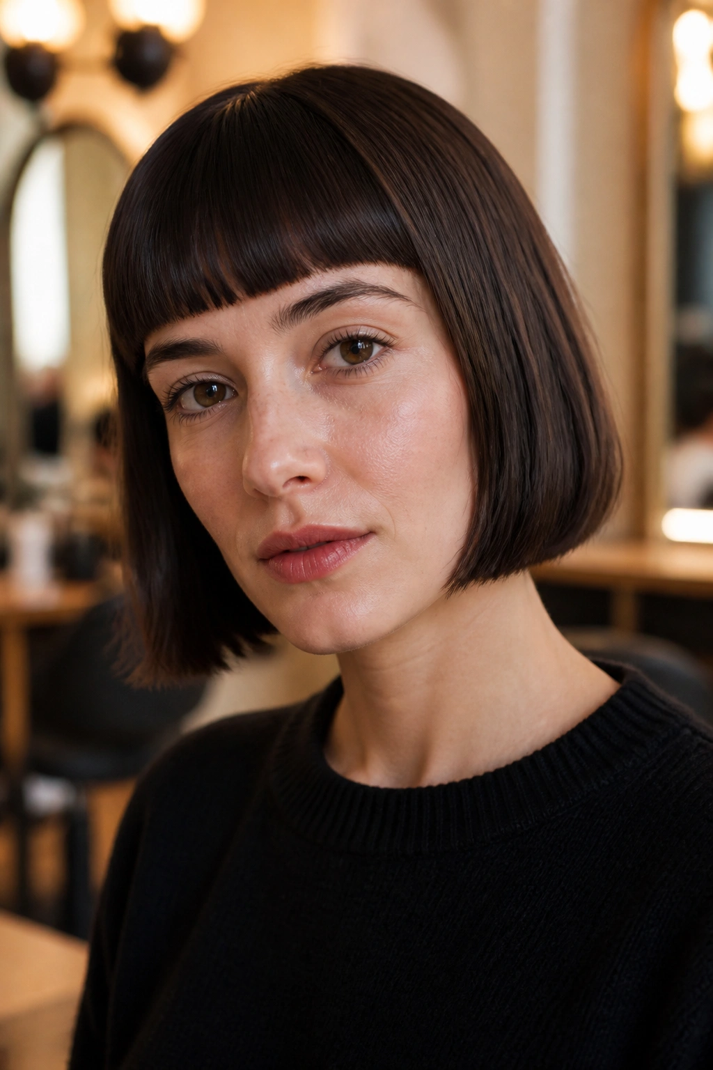Close-up portrait of a woman with a jaw-length French bob and blunt bangs