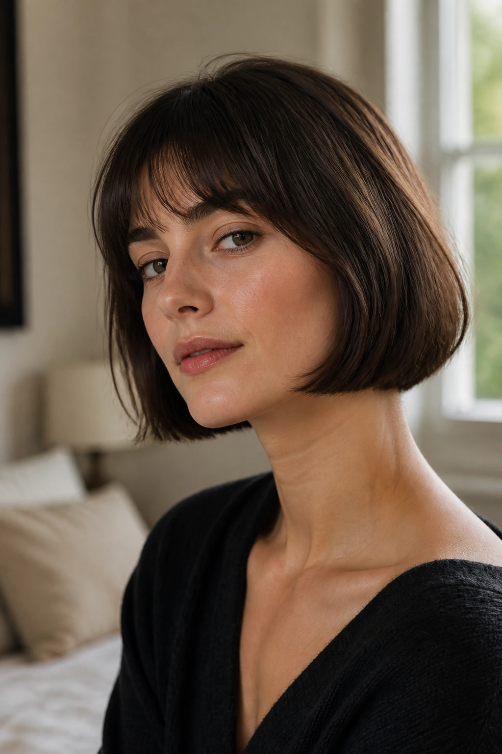 Close-up portrait of a real woman with a chin-length blunt French bob
