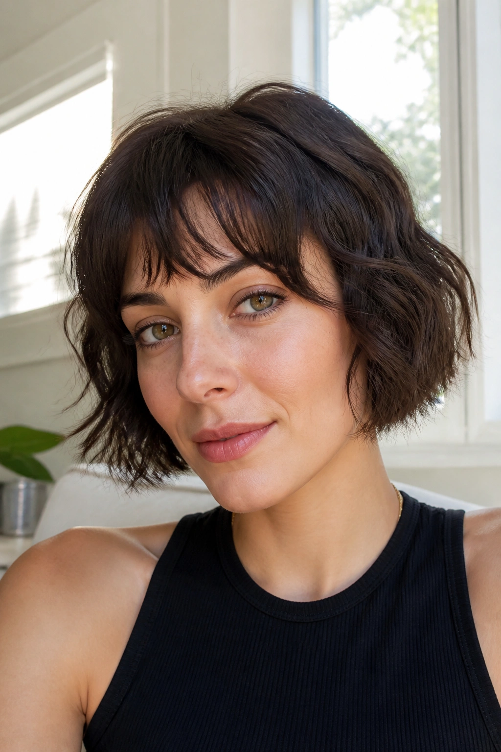 Close-up portrait of a real woman with a broken-up fringe on a French bob.