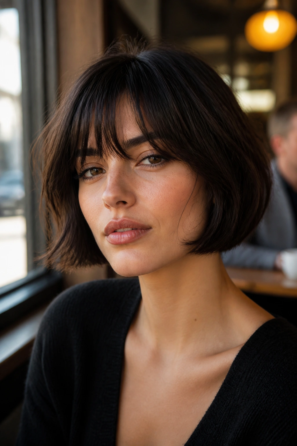 Real woman with French bob and brow-grazing bangs in warm cafe light