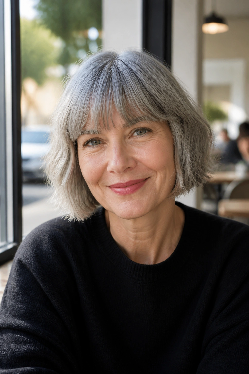 Close-up of a real woman with a French bob and brow-skimming fringe