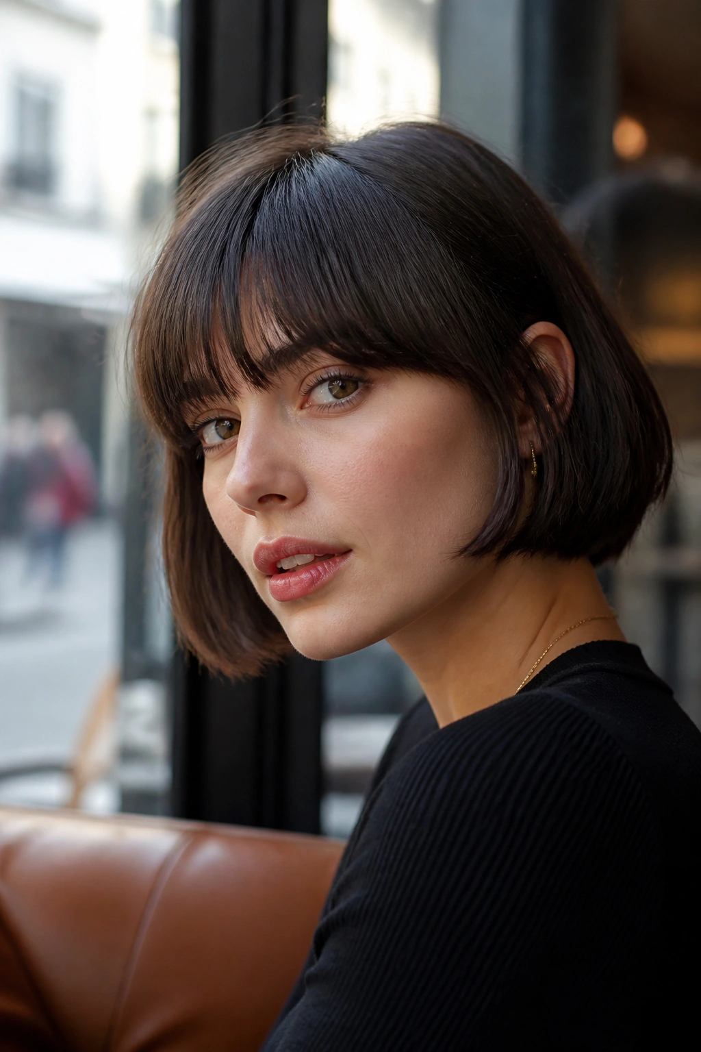 Close-up portrait of a woman with a French bob and brow-grazing fringe