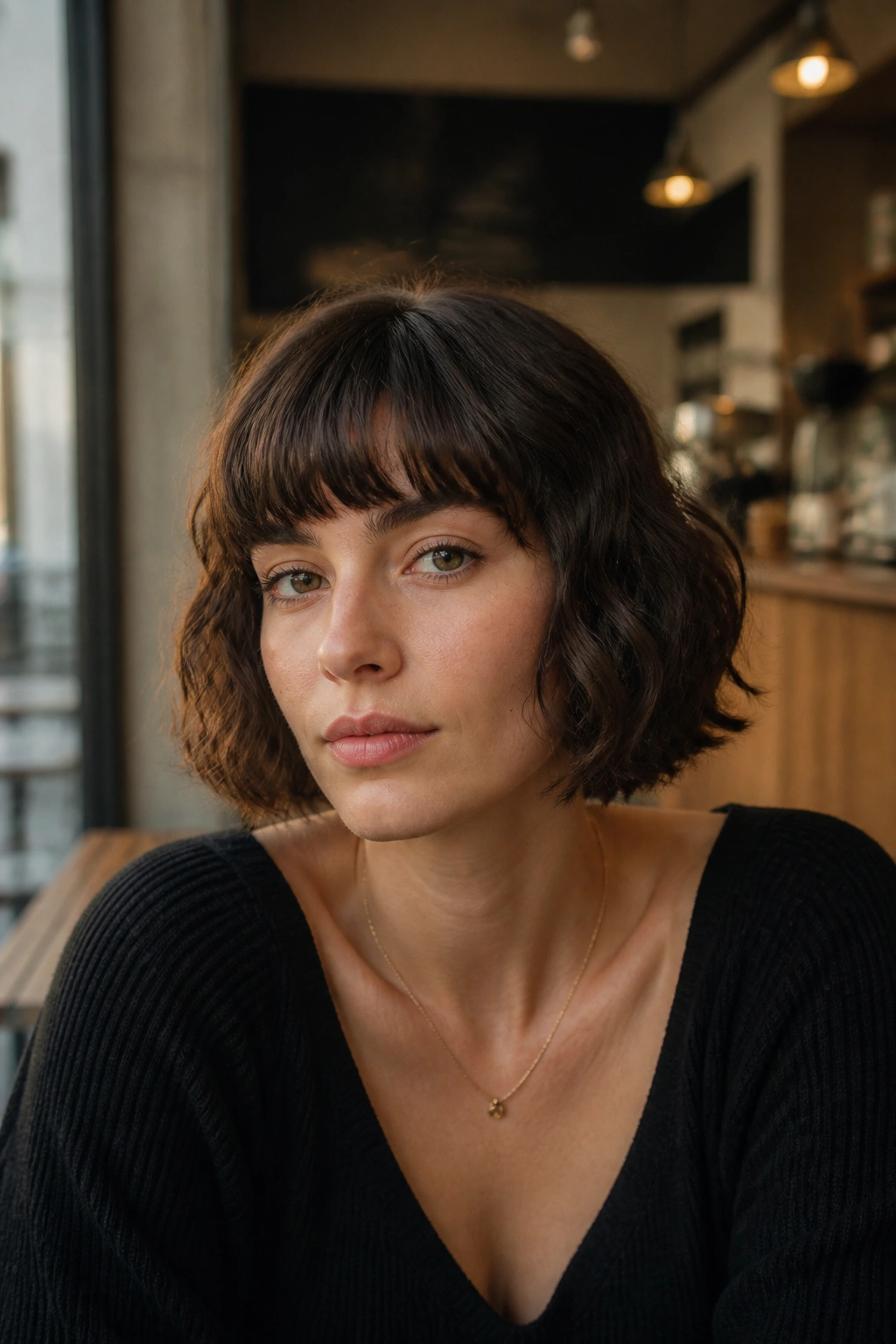 Portrait of woman with French bob and brow-length fringe, waves integrated