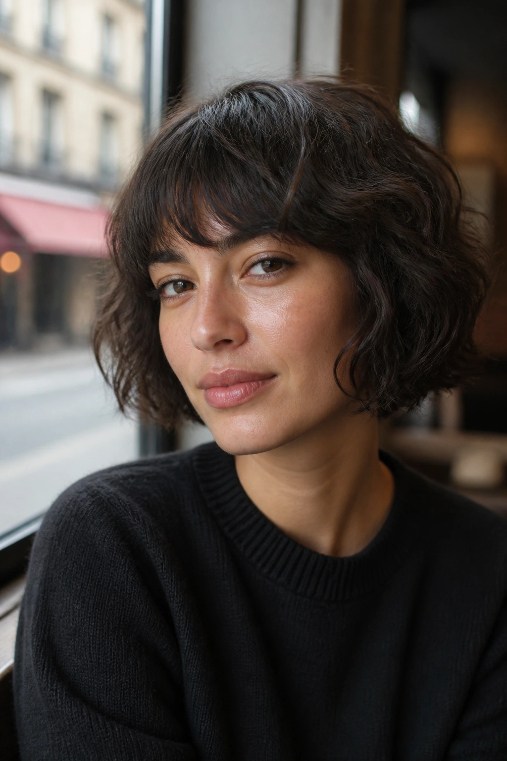 Real woman with a French bob and brow-skimming bangs in cafe window daylight