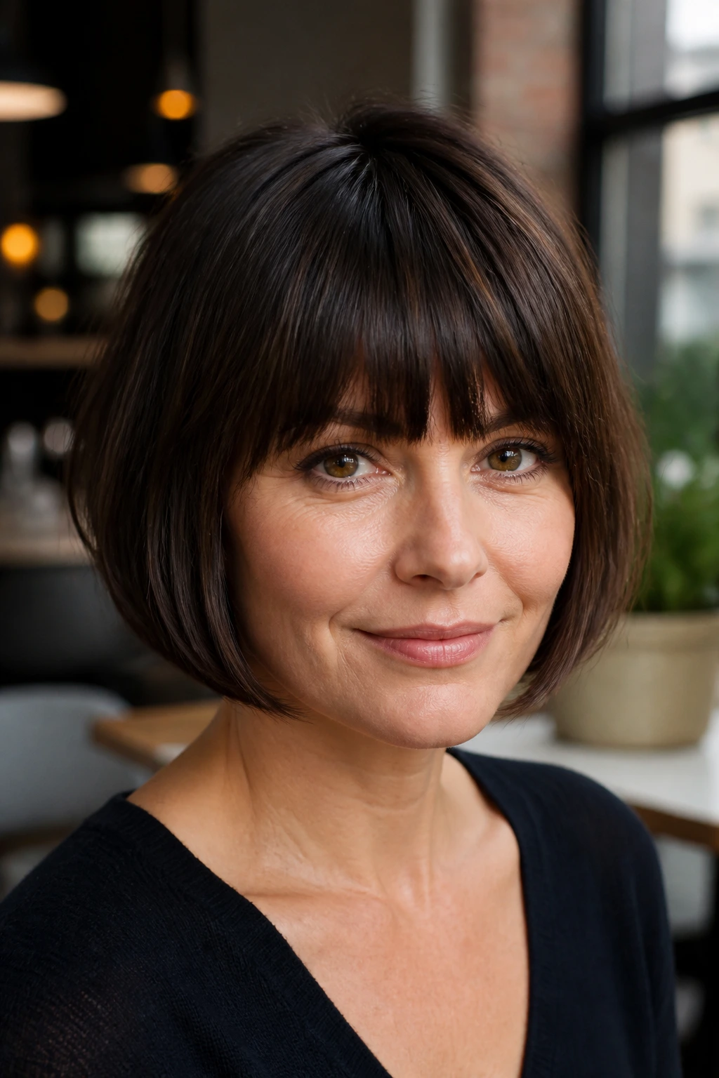 French Bob with Brow-Skimming Bangs: close-up of a real woman with brow-skimming bangs