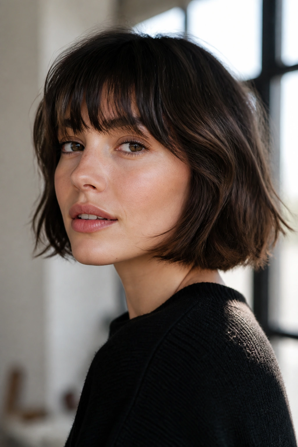 Close-up of a real woman with brow-skimming fringe and French bob in natural light
