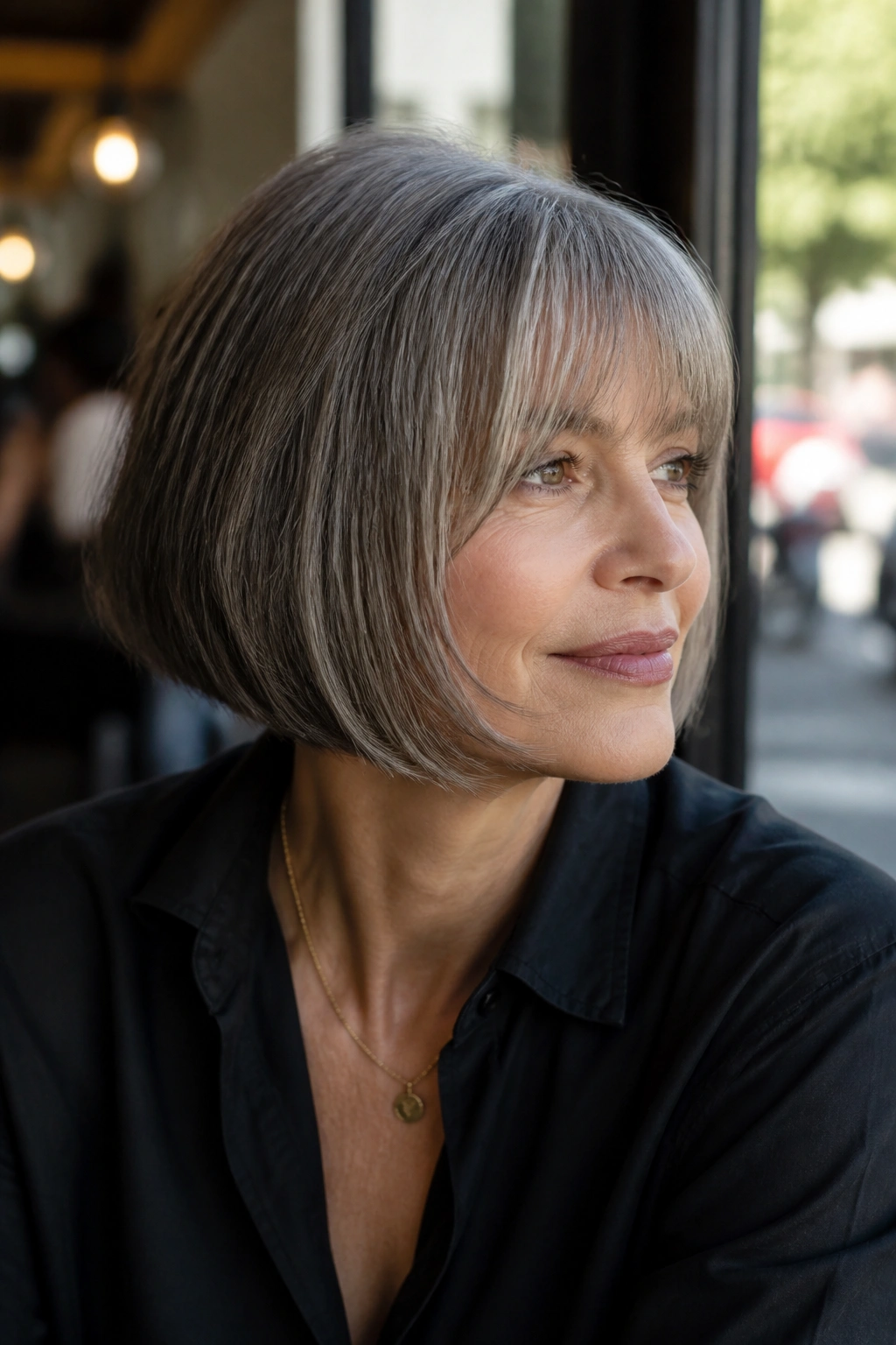 Real woman with a cheekbone-grazing fringe French bob in natural cafe daylight
