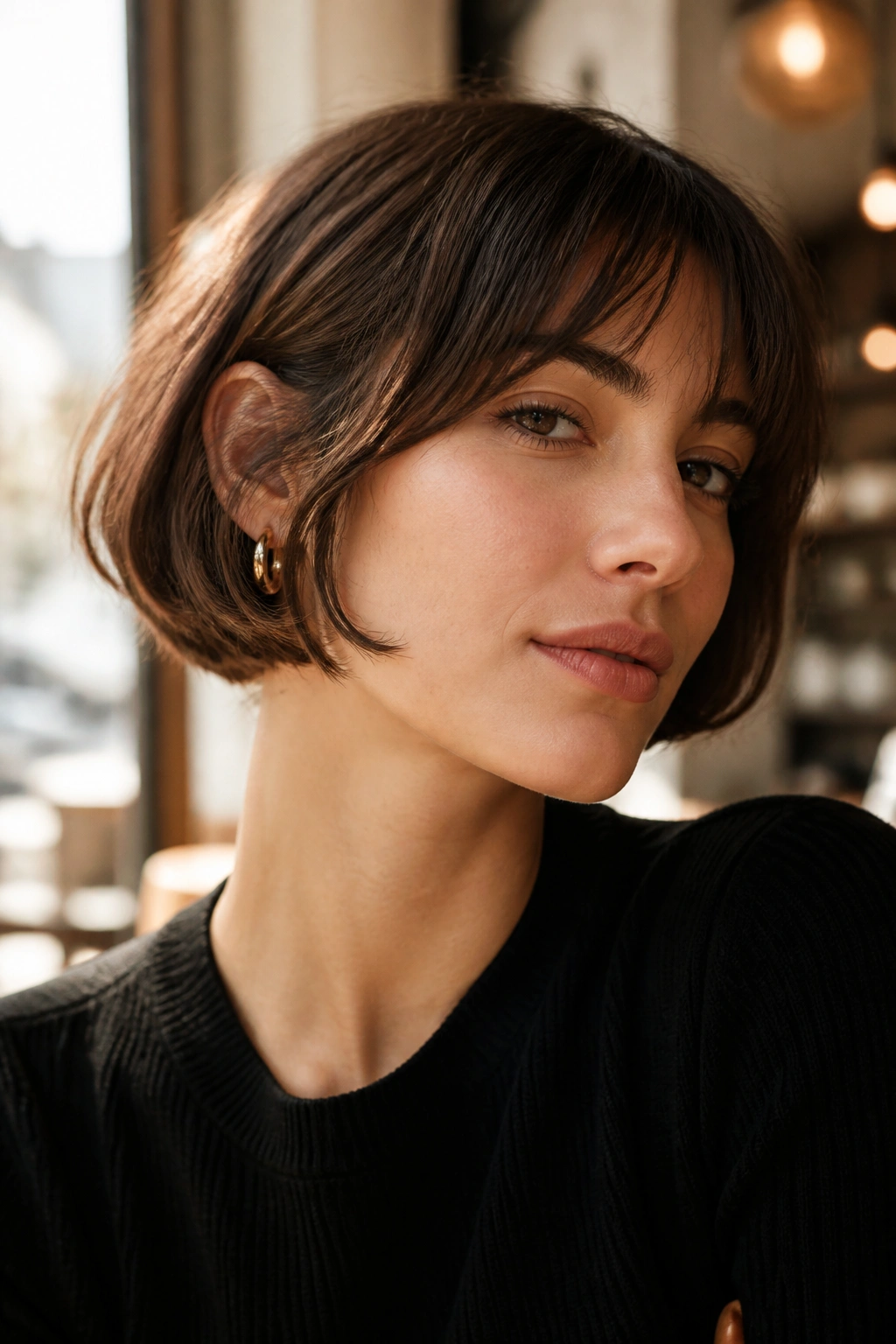 Close-up of a real woman with a French bob kissing the cheekbone