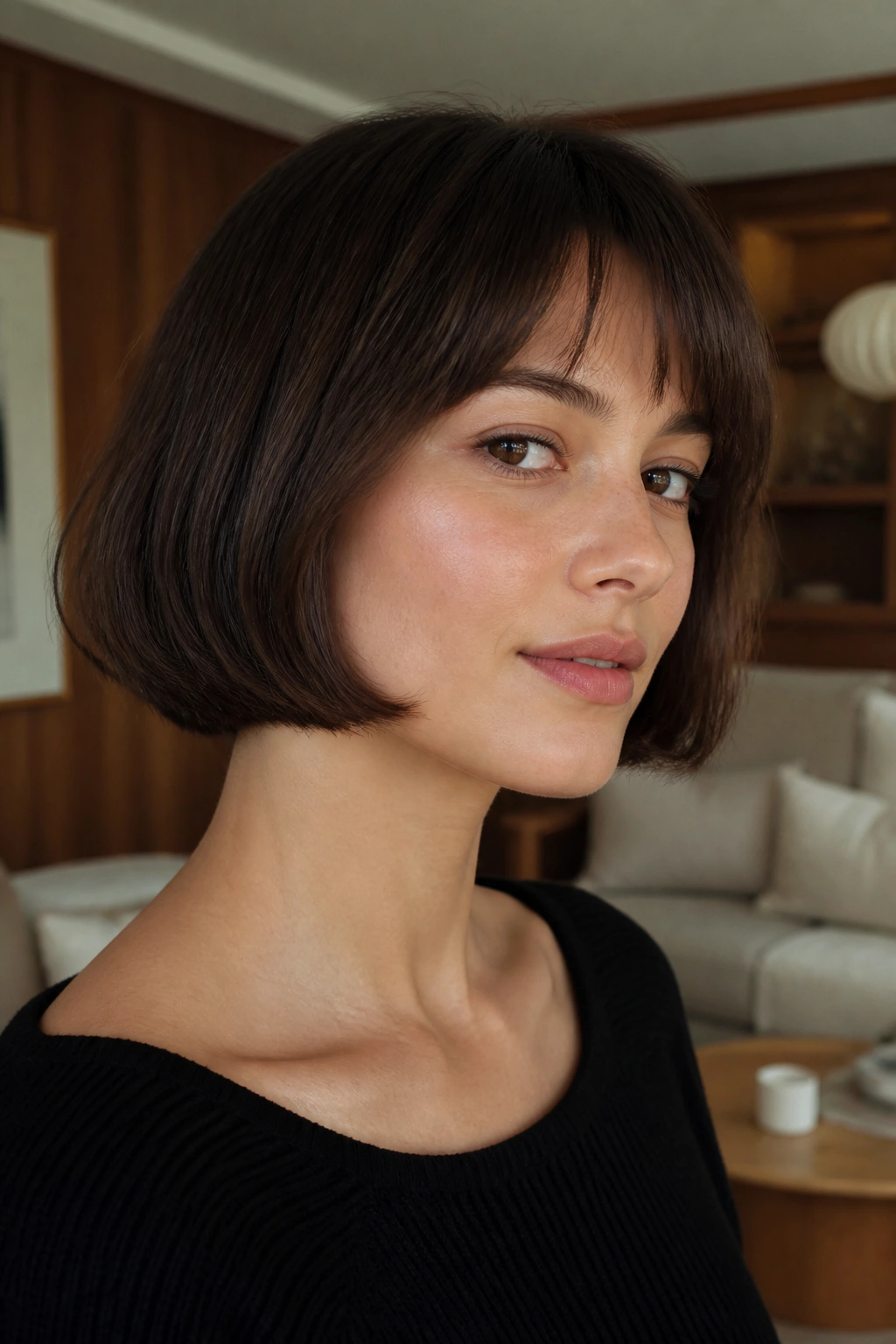 Close-up of a real woman wearing a chin-length French bob in warm daylight