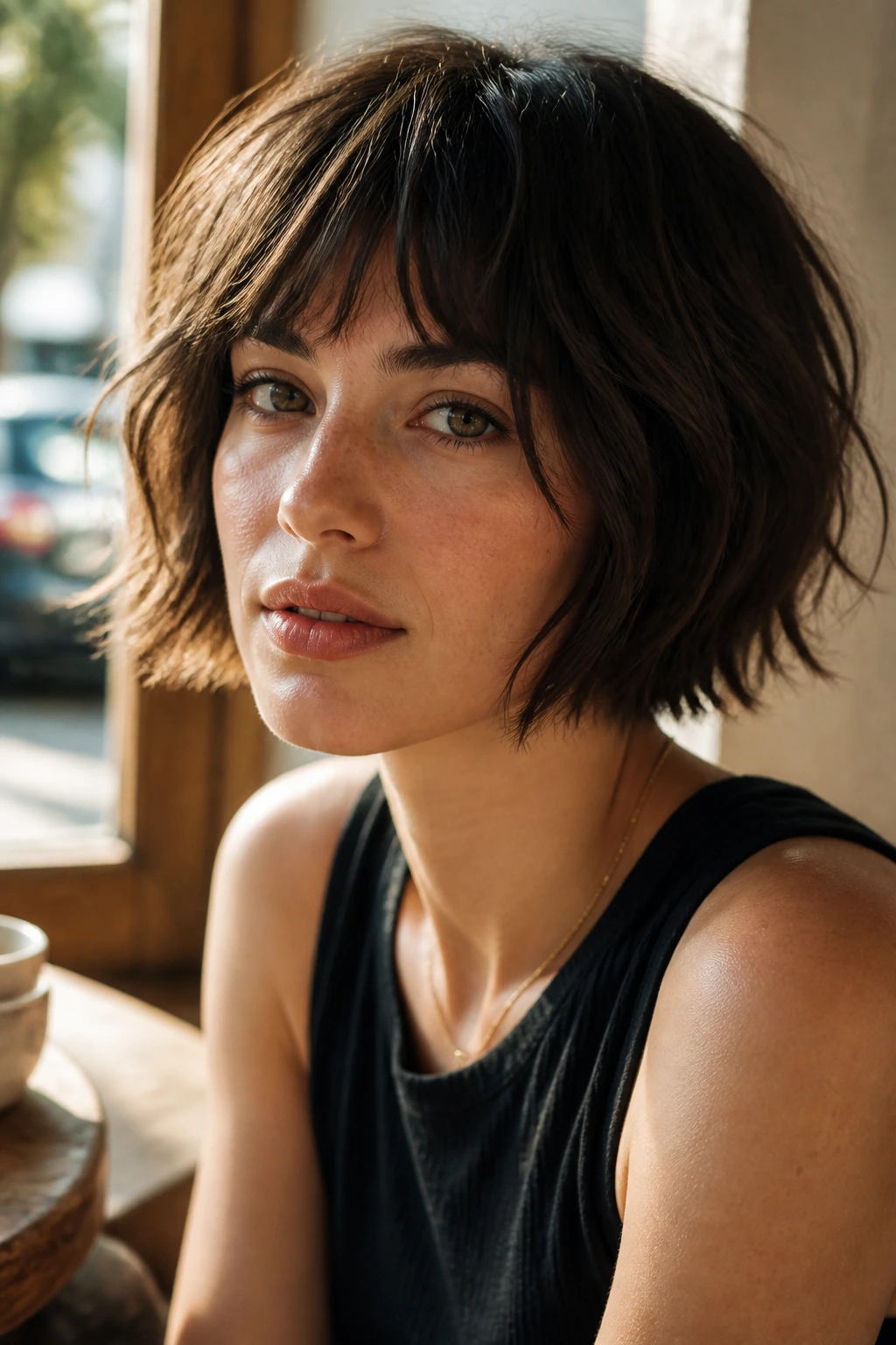 Close-up of a real woman with a French bob and choppy ends in natural cafe light