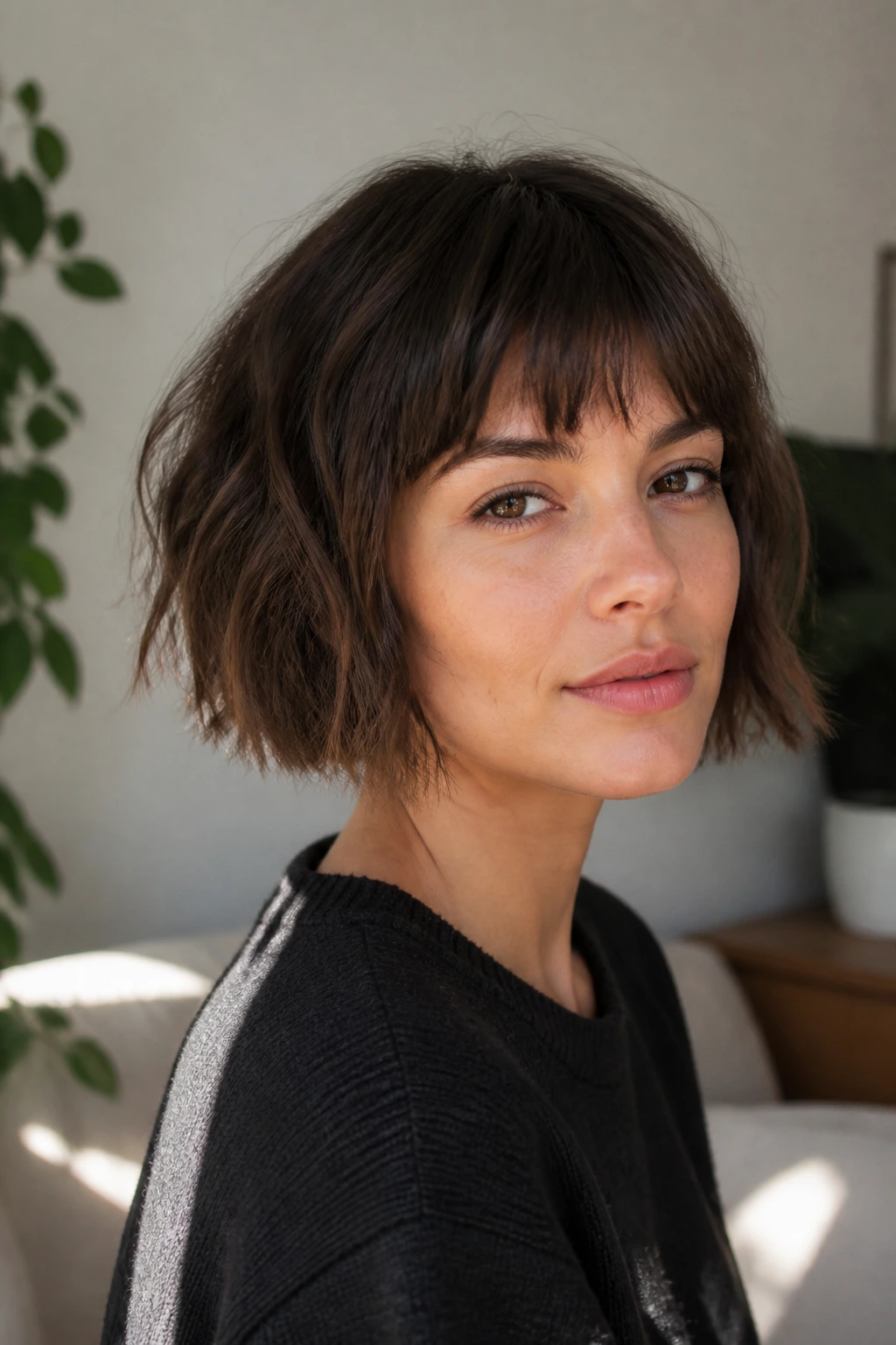 Portrait of a real woman with French bob and choppy fringe