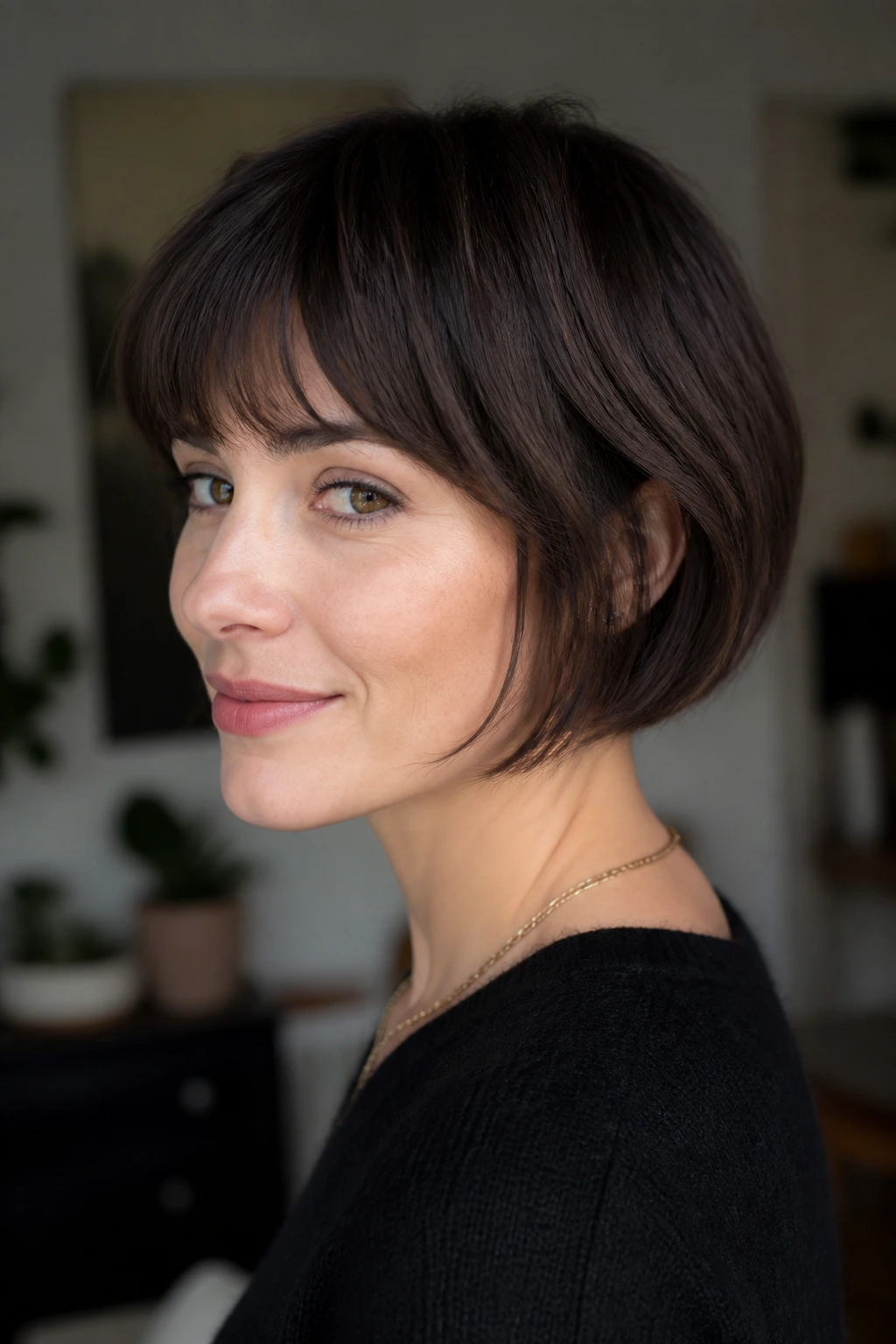 Close-up of a real woman with a French bob and compact stack.