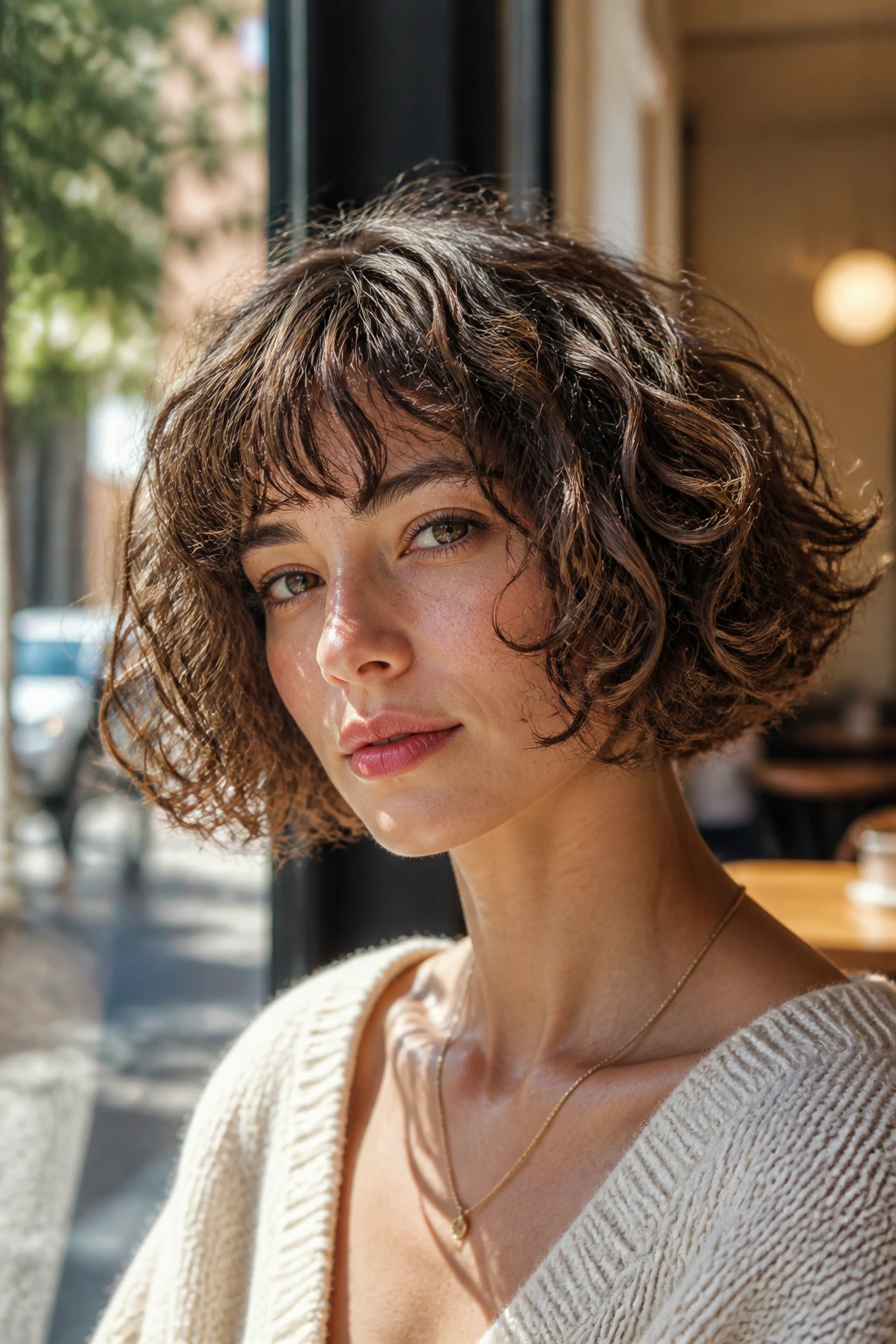 Close-up portrait of a real woman with a French bob for curls in bright light.