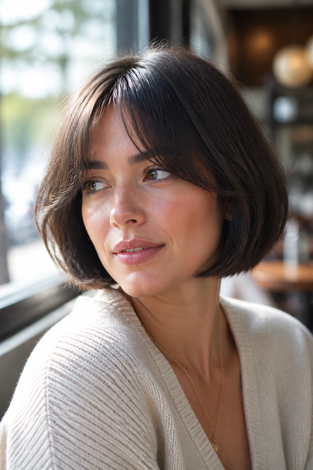 Real woman with French bob curtain bangs in soft light