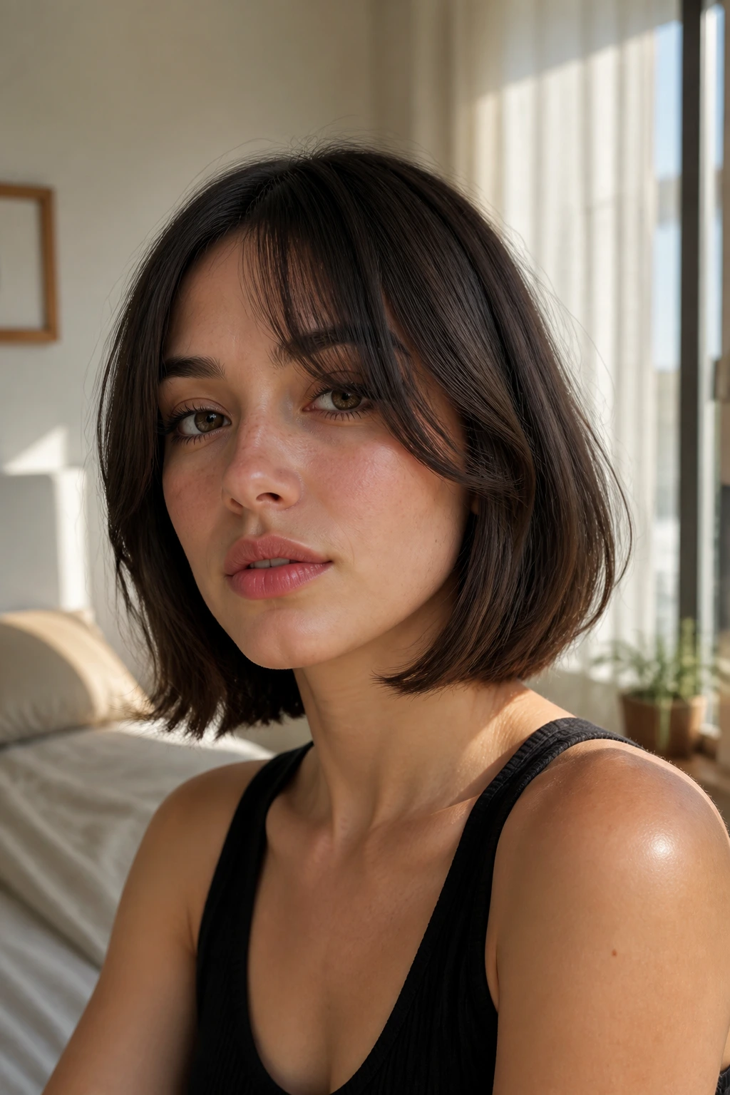 Close-up portrait of a woman with a French bob featuring curtain bangs and a soft bend.