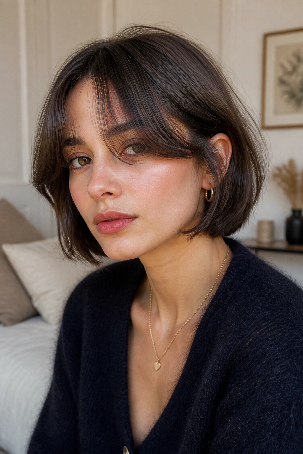 Close-up portrait of a real person with curtain bangs framing the eyes