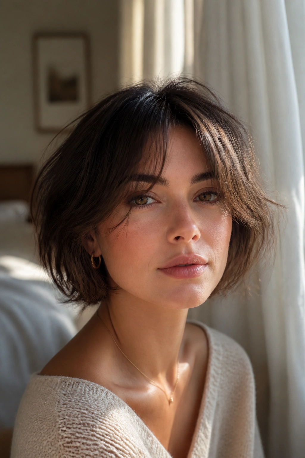 Close-up of a real woman with a tousled French bob and curtain fringe in a sunlit bedroom.