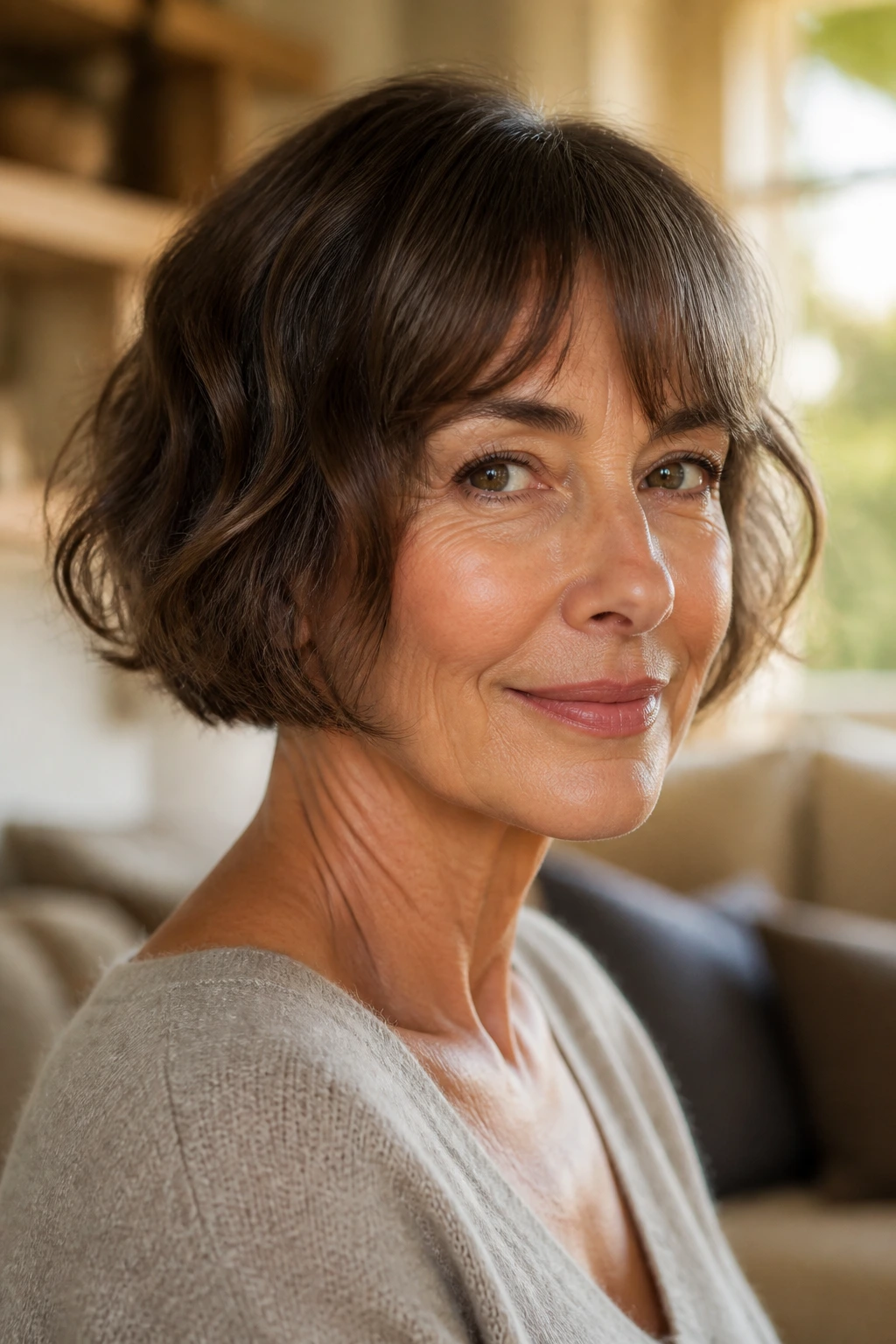 Close-up of a woman with a cheekbone-length French bob with soft ends.