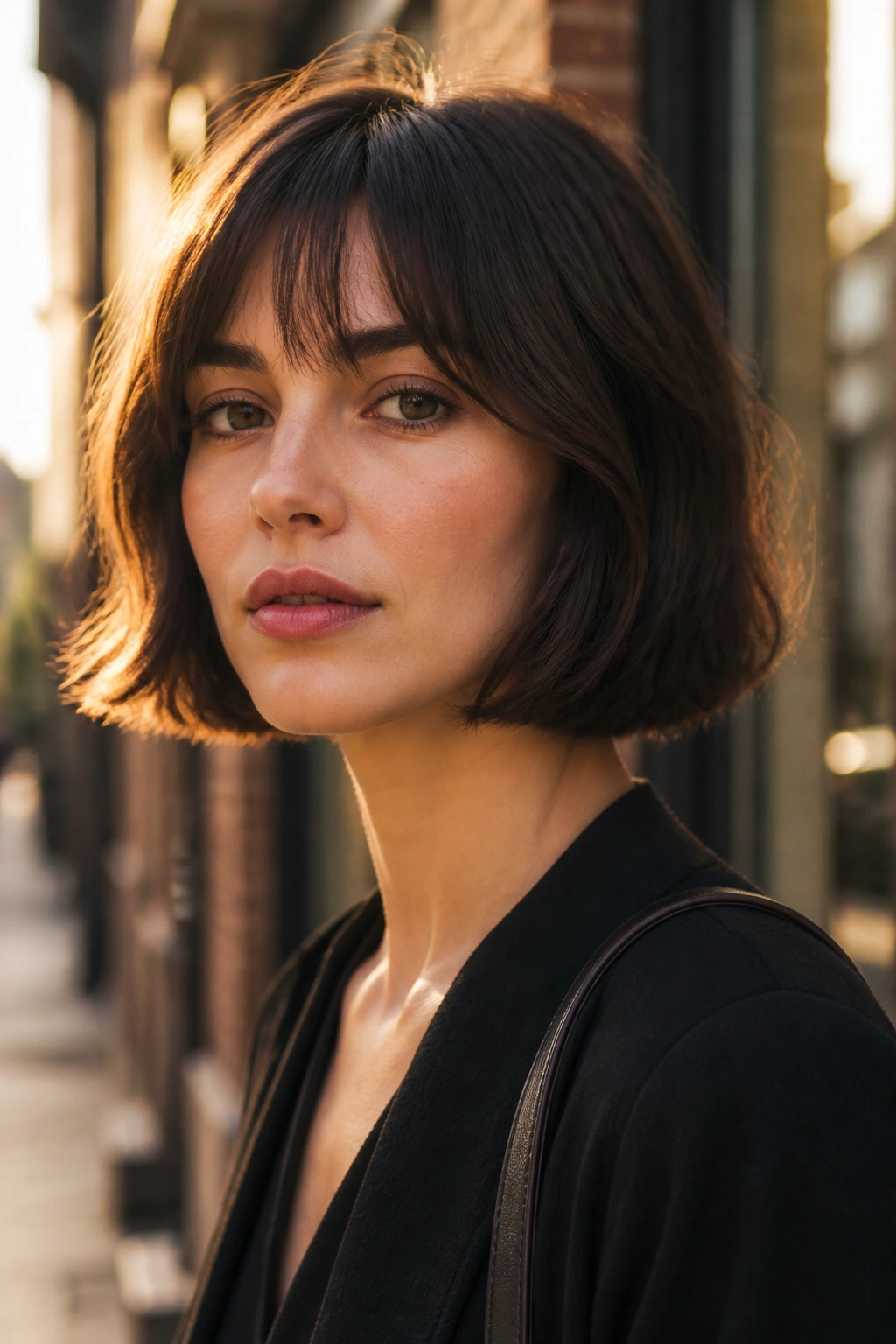 Close-up of a real woman with a jaw-length French bob in golden hour street light
