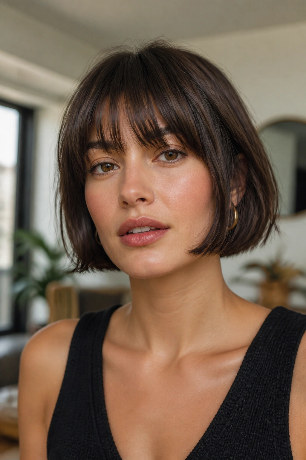 Close-up portrait of a real woman with eyebrow-grazing bangs French bob in bright room light
