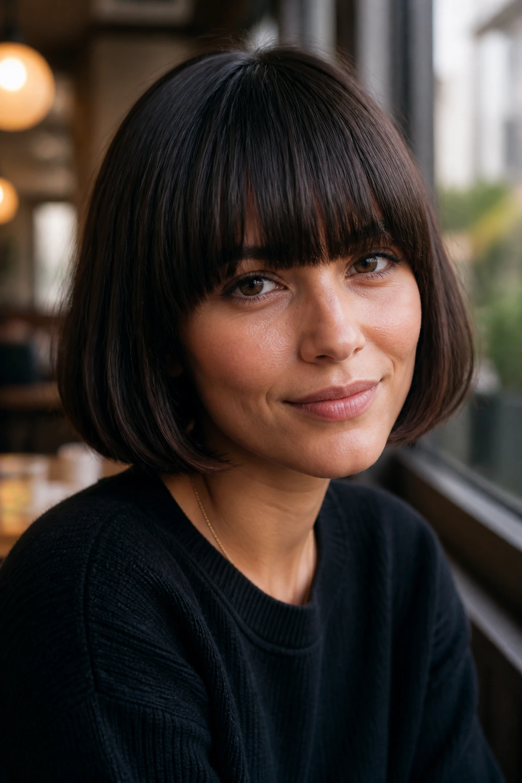 Real woman with eyebrow-grazing bangs and French bob