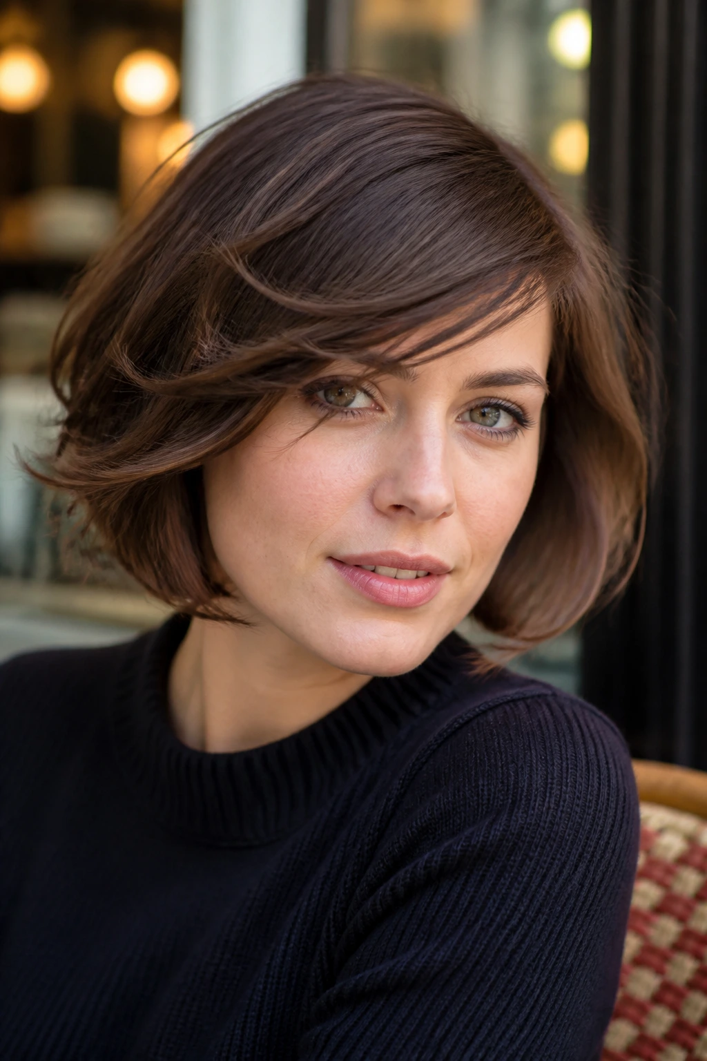 Close-up of a real woman with a French bob and feathered side sweep in a cafe setting