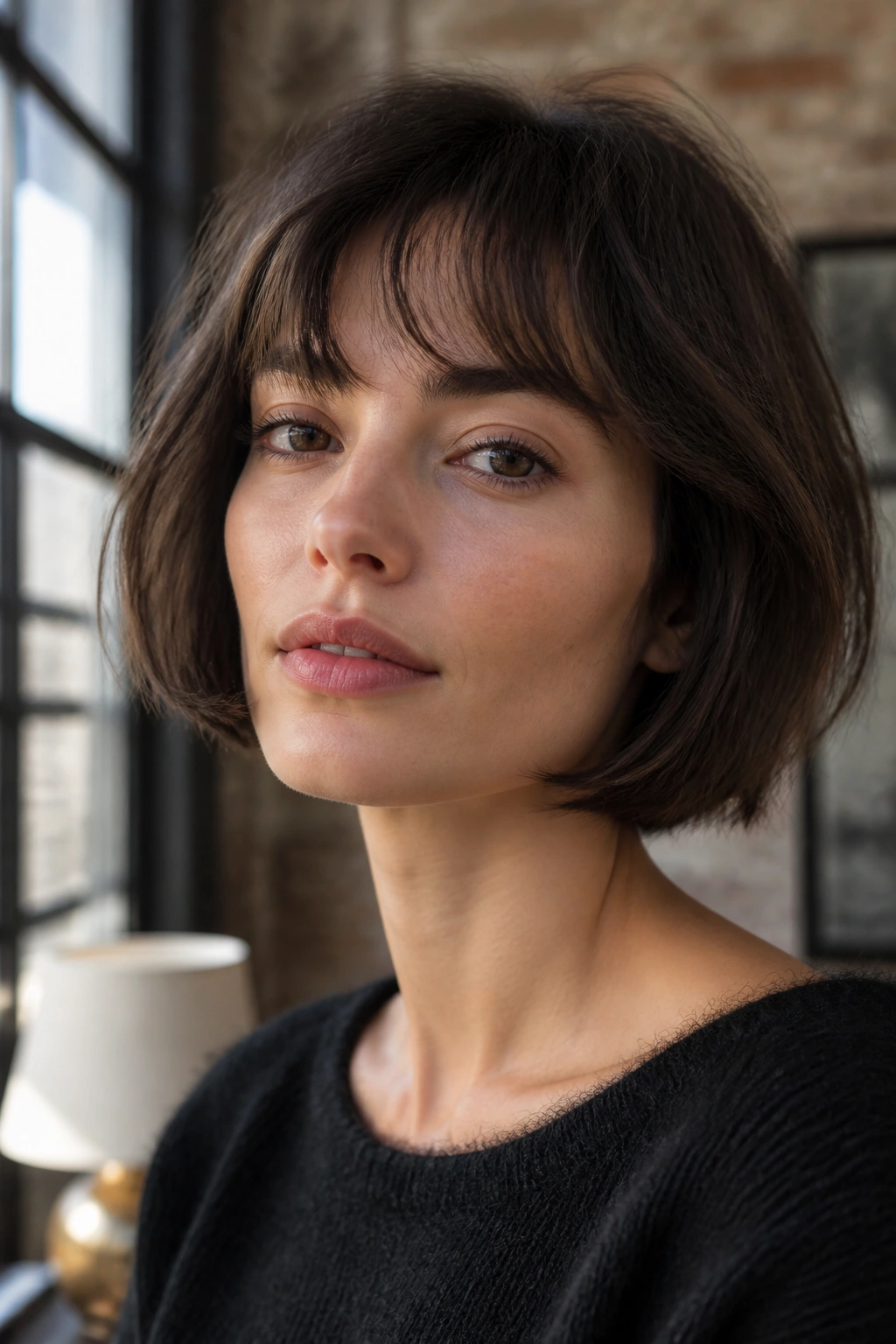 Close-up of a woman with a soft-fringed French bob showing cheek-length cut.
