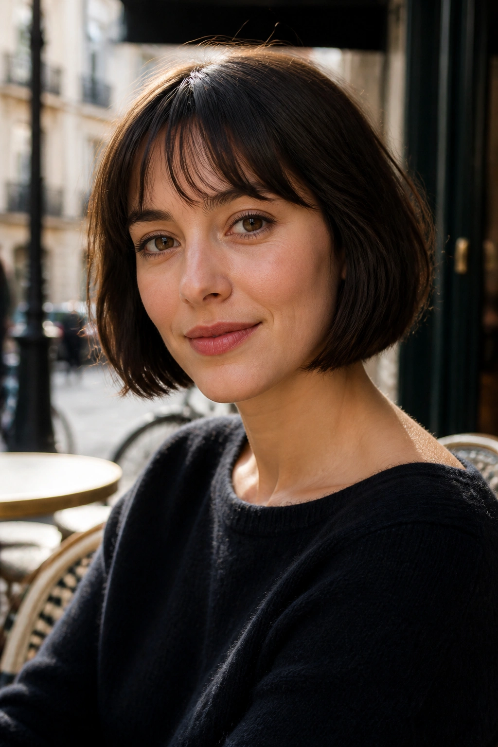 Close-up portrait of a real woman with French bob and soft fringe