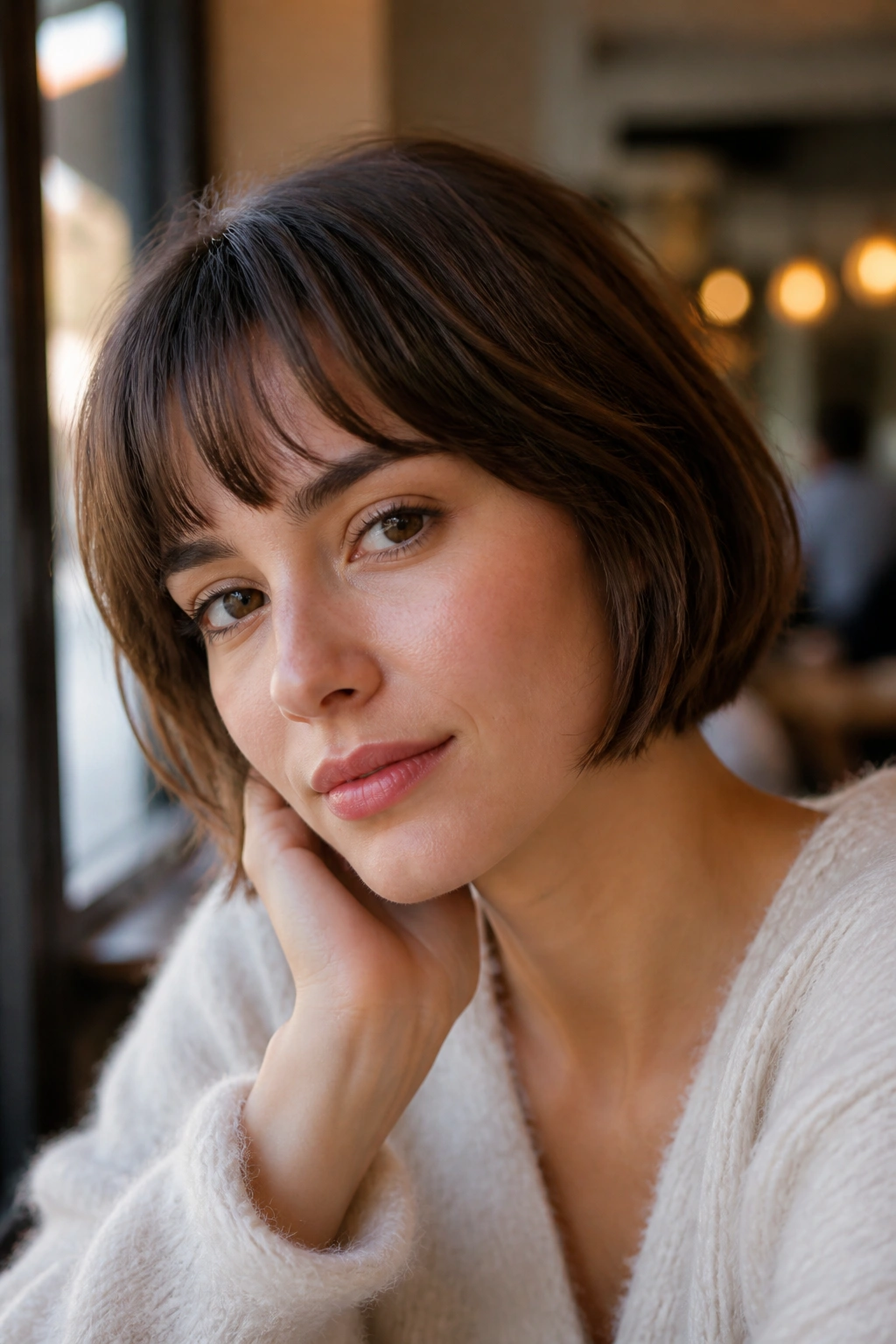 Close-up portrait of a real woman with a jaw-length French bob and light fringe