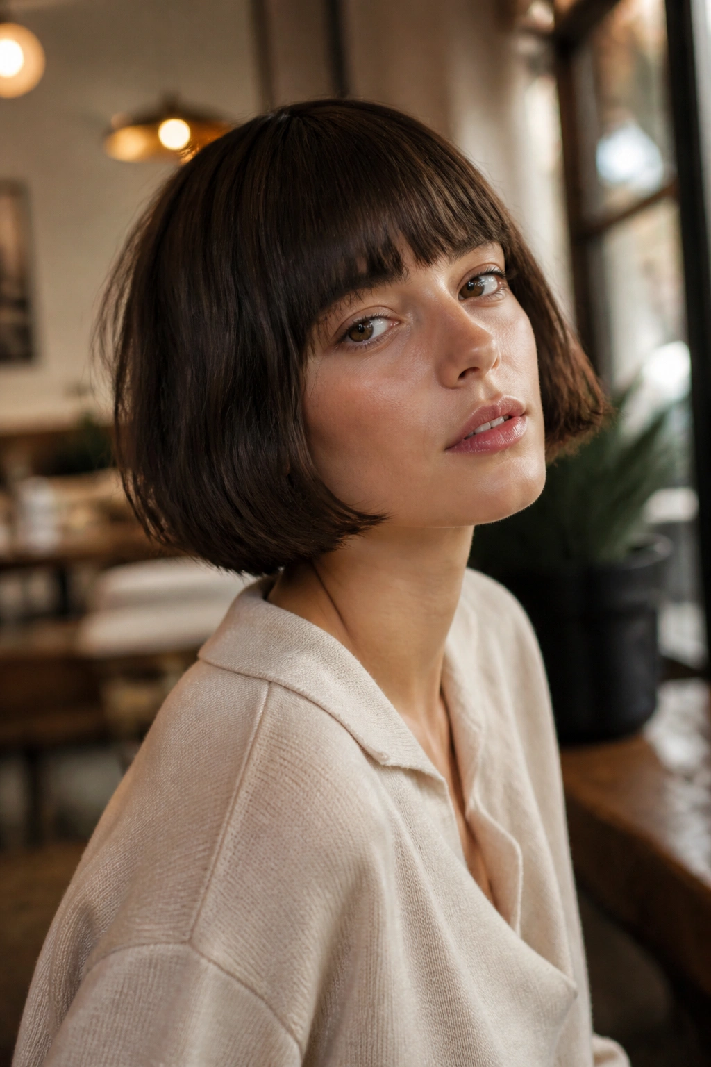 Real woman with French bob and brow-skimming fringe