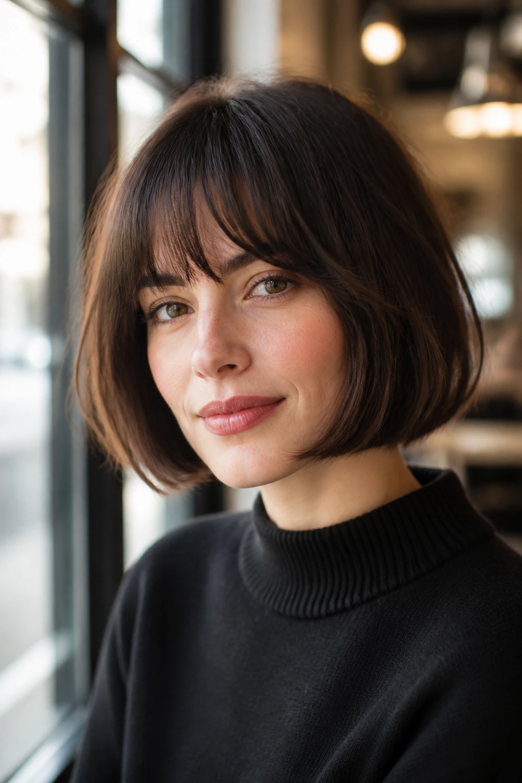 Close-up portrait of a real woman with a French bob and soft fringe