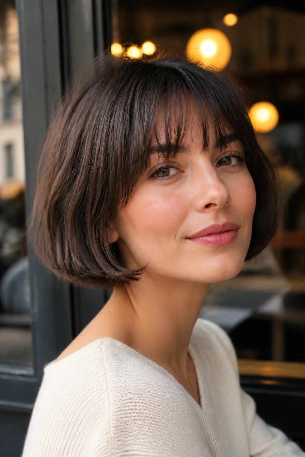 Real woman with French bob and soft fringe in cafe window light