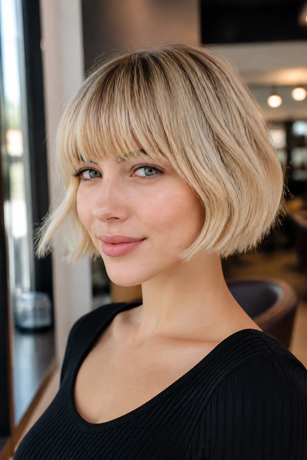 Close-up of a real woman with a French bob and eyebrow-grazing fringe in natural daylight