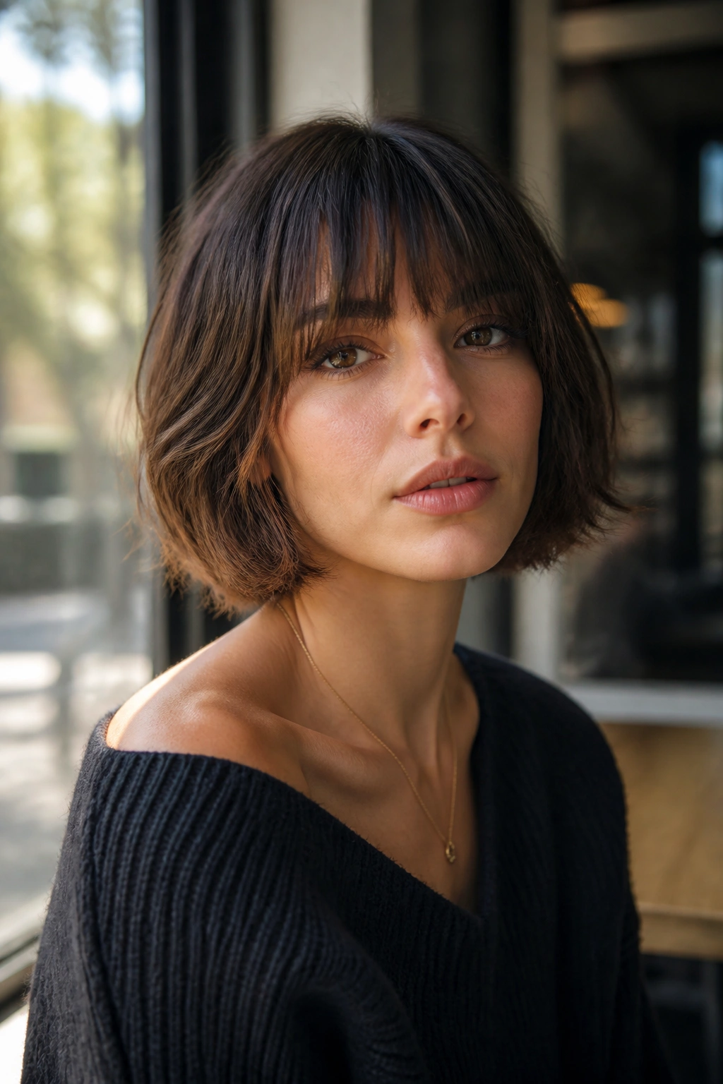 Close-up of a real woman with brow-grazing fringe French bob in soft daylight.