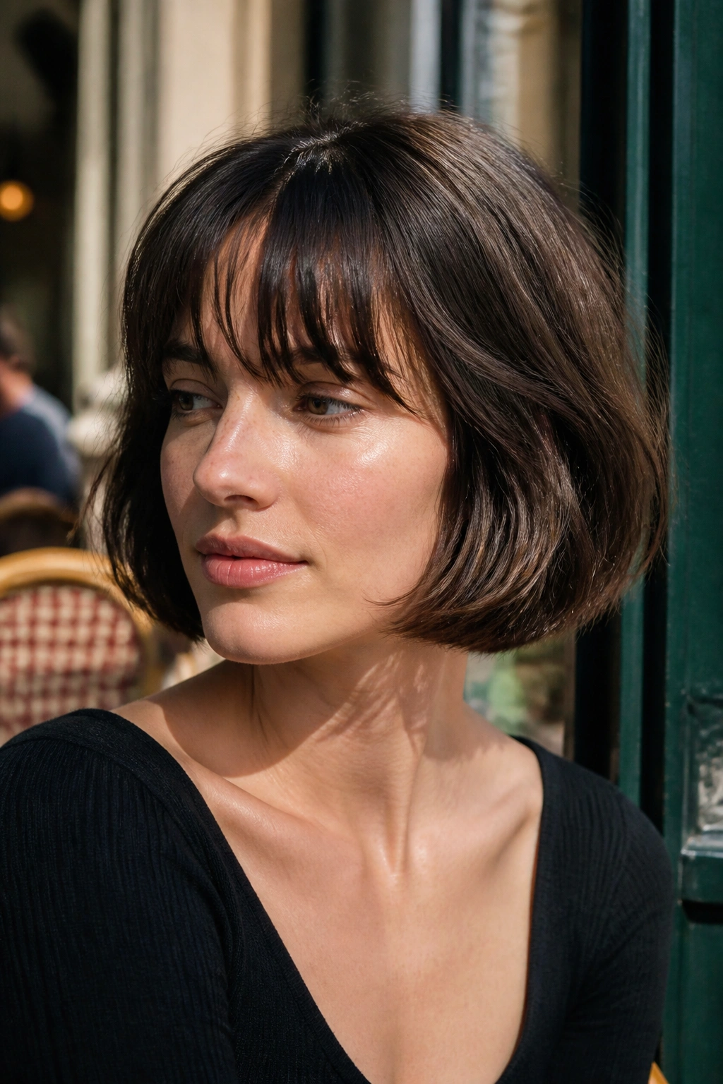 Close-up of a real brunette with a French bob and wispy fringe