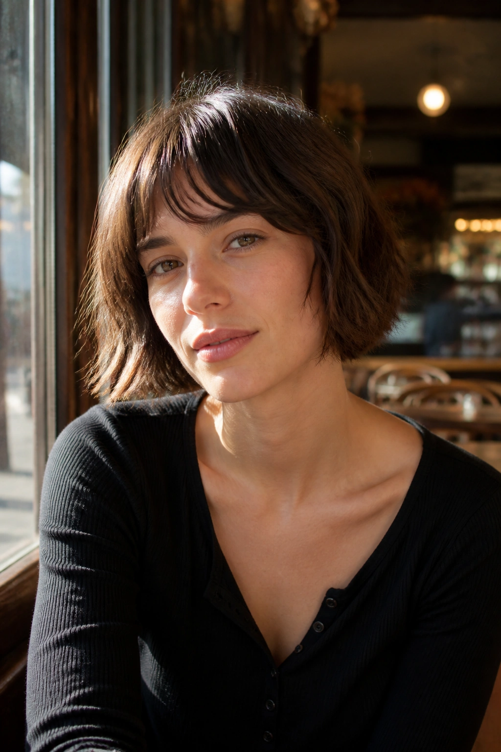 Close-up of a woman with a French bob and soft fringe in cafe light.
