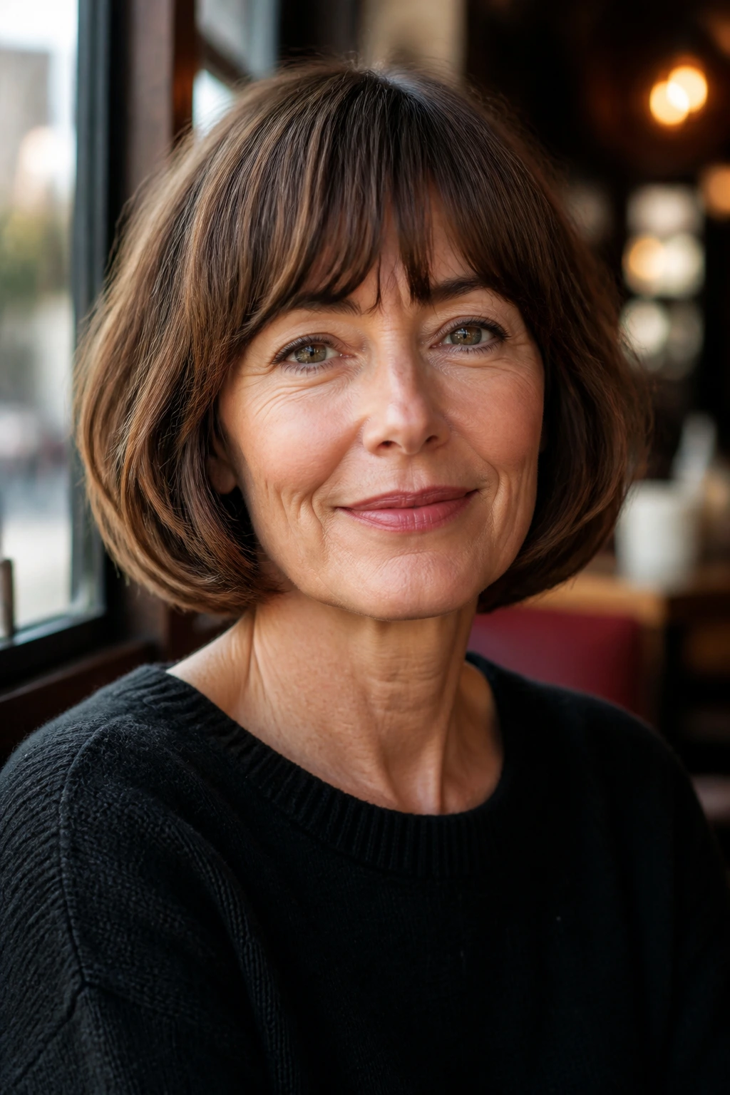 Close-up of a real woman with a French bob and soft fringe