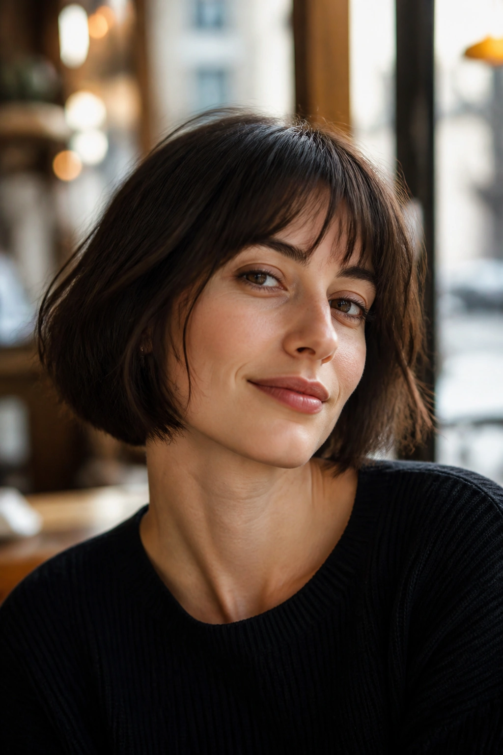 Close-up of a woman with a short French bob and fringe