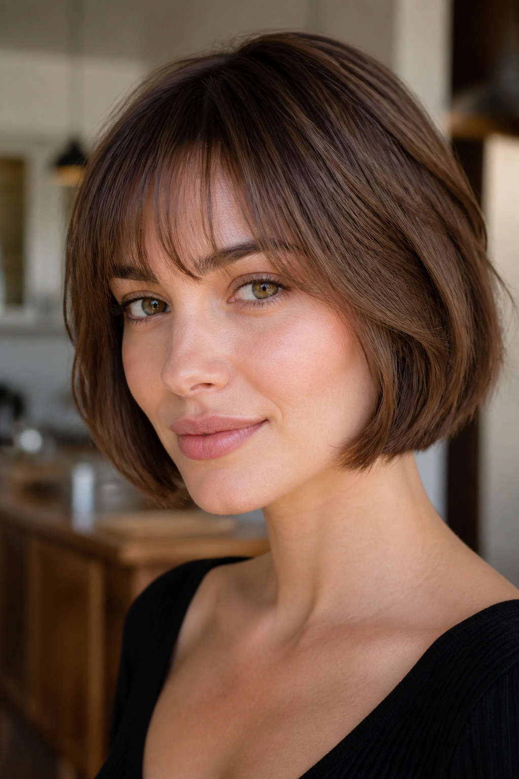 Real woman in a French bob with a light fringe framing the face