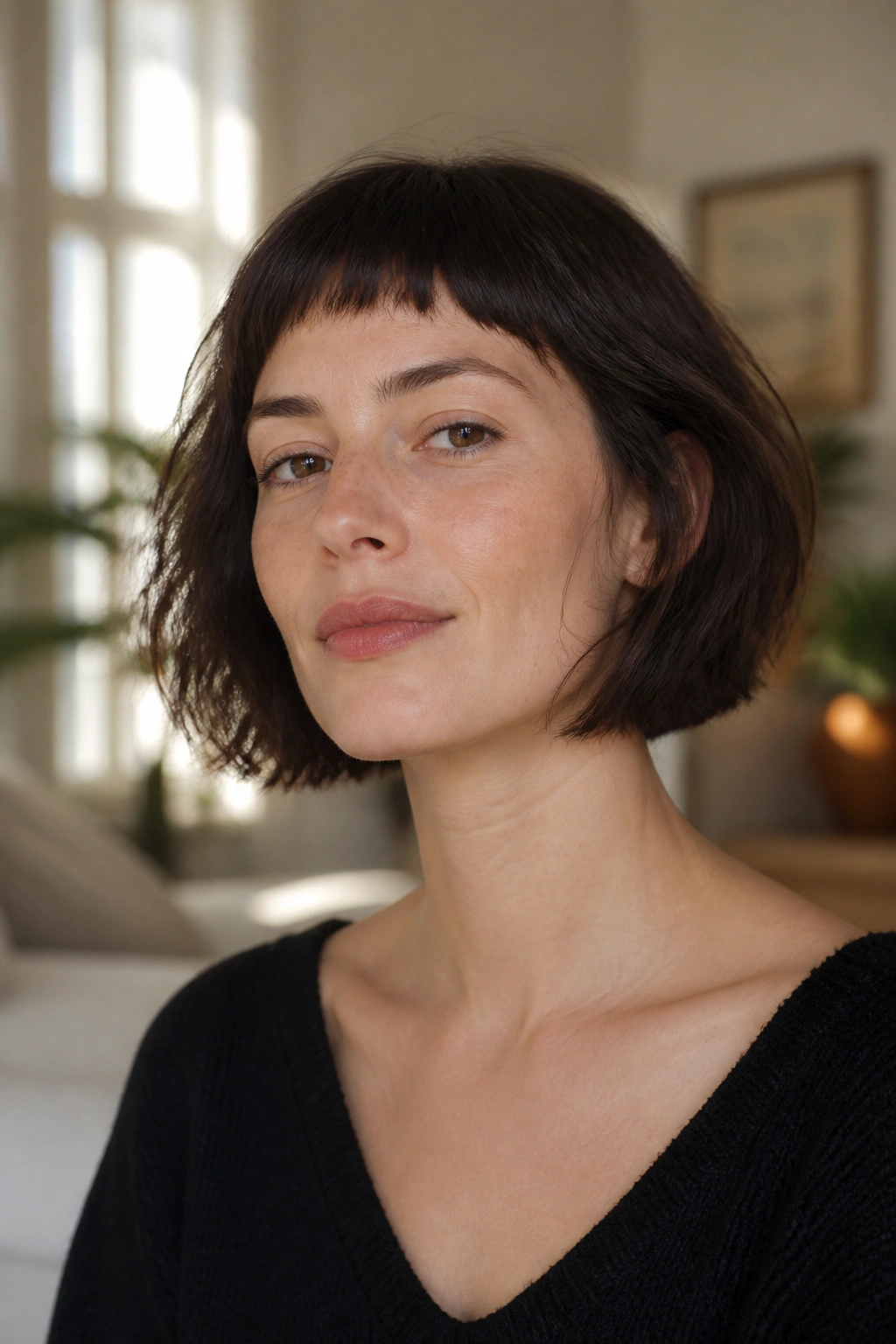 Close-up portrait of a woman with a French bob and tiny fringe