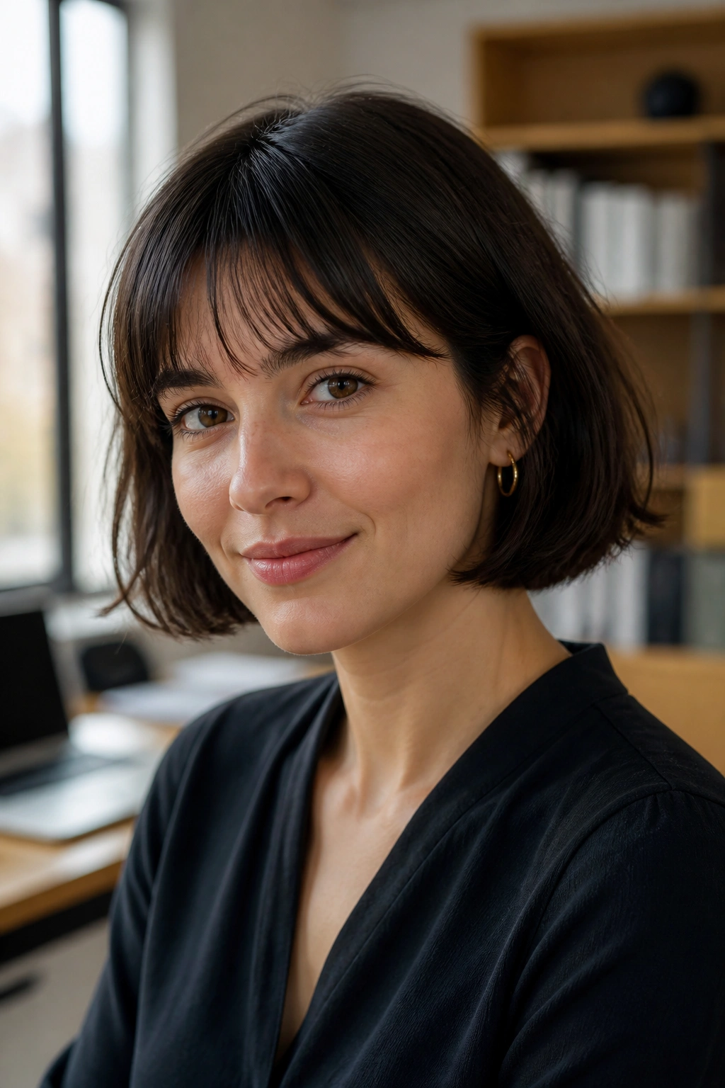 Real person with French bob with fringe at work