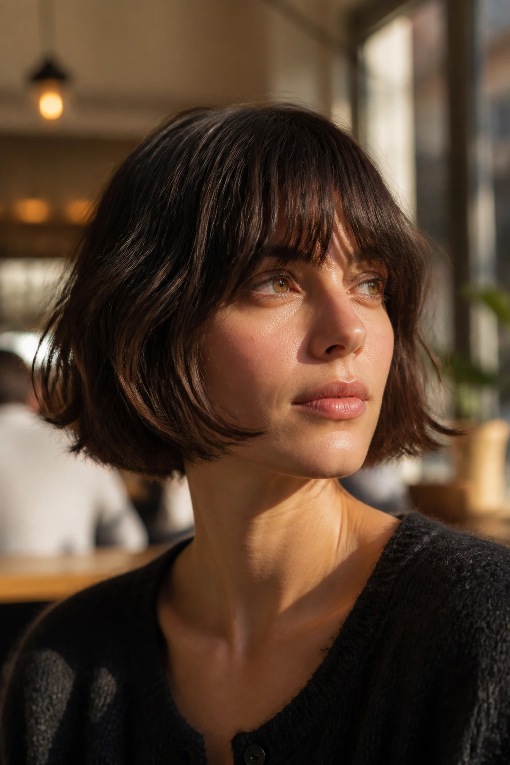 Portrait of a real woman with a French bob and soft fringe