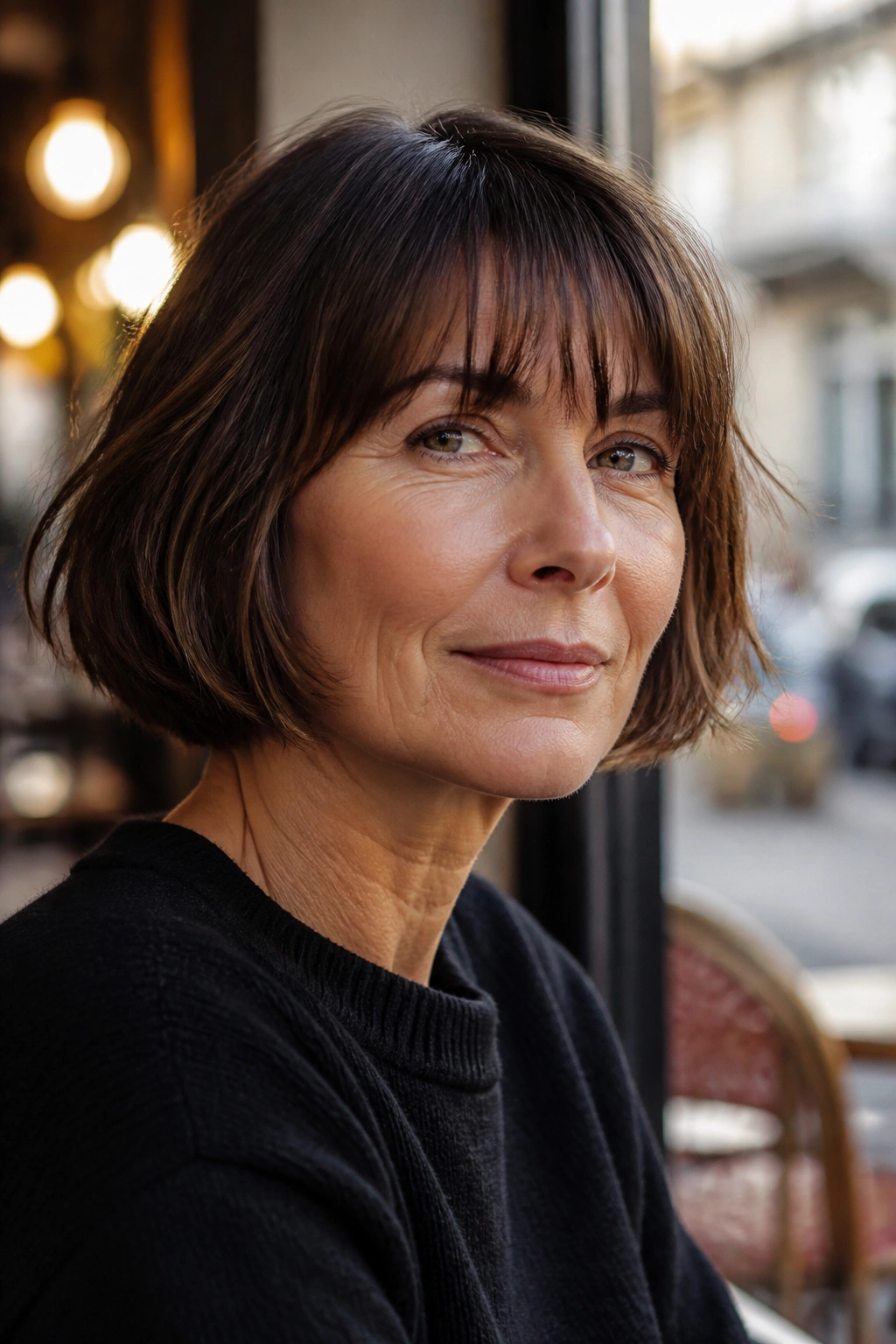 Portrait of a real woman with a French bob and fringe