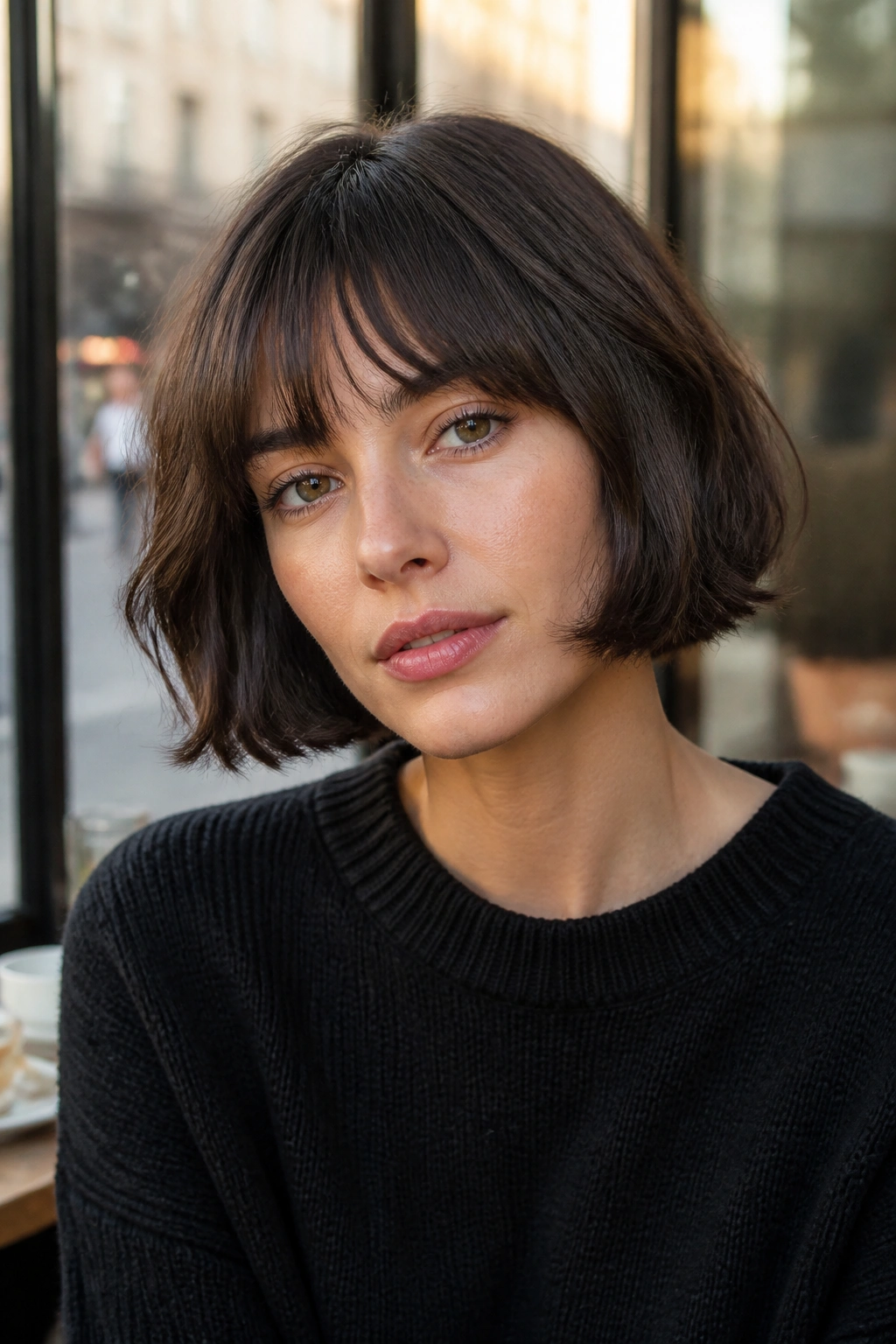 Close-up of a real woman with a French bob and soft fringe at eyebrow level.