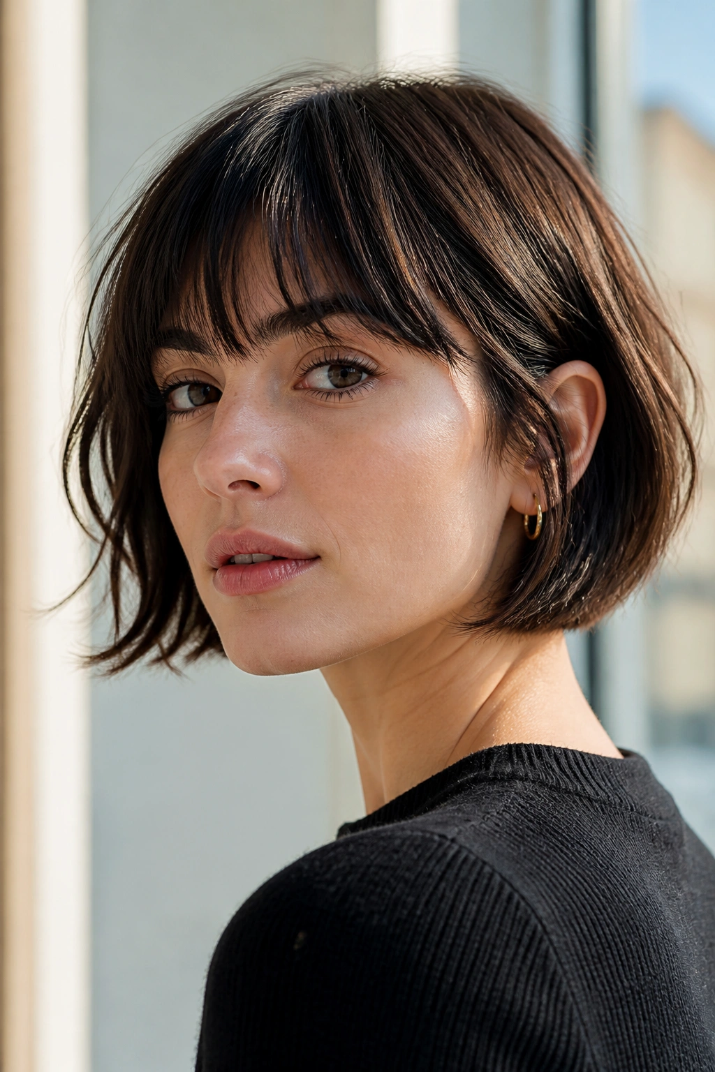 Close-up of real woman with eyebrow-grazing fringe French bob