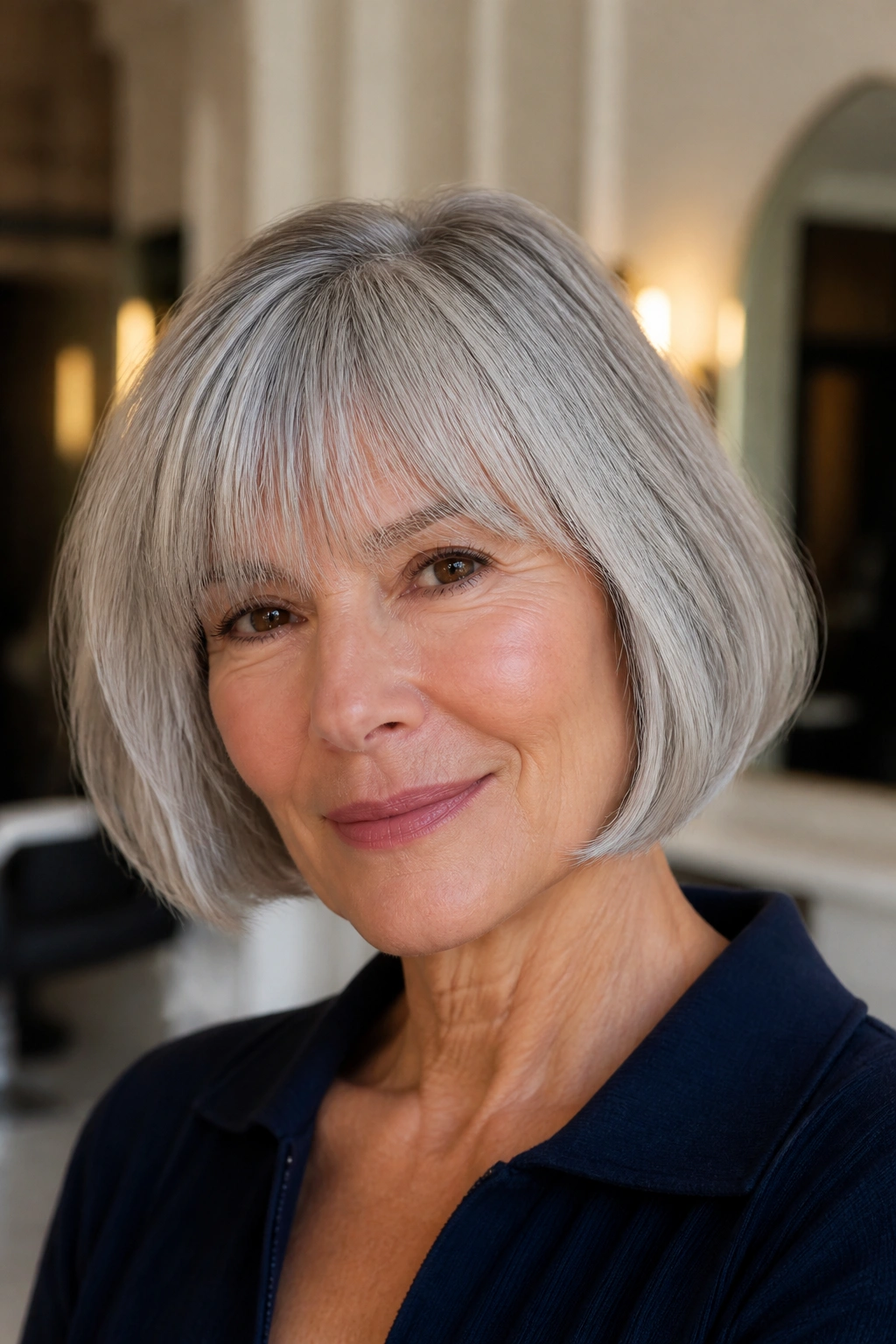 Close-up of a real woman with a jaw-length French bob and fringe grazing the eyebrows