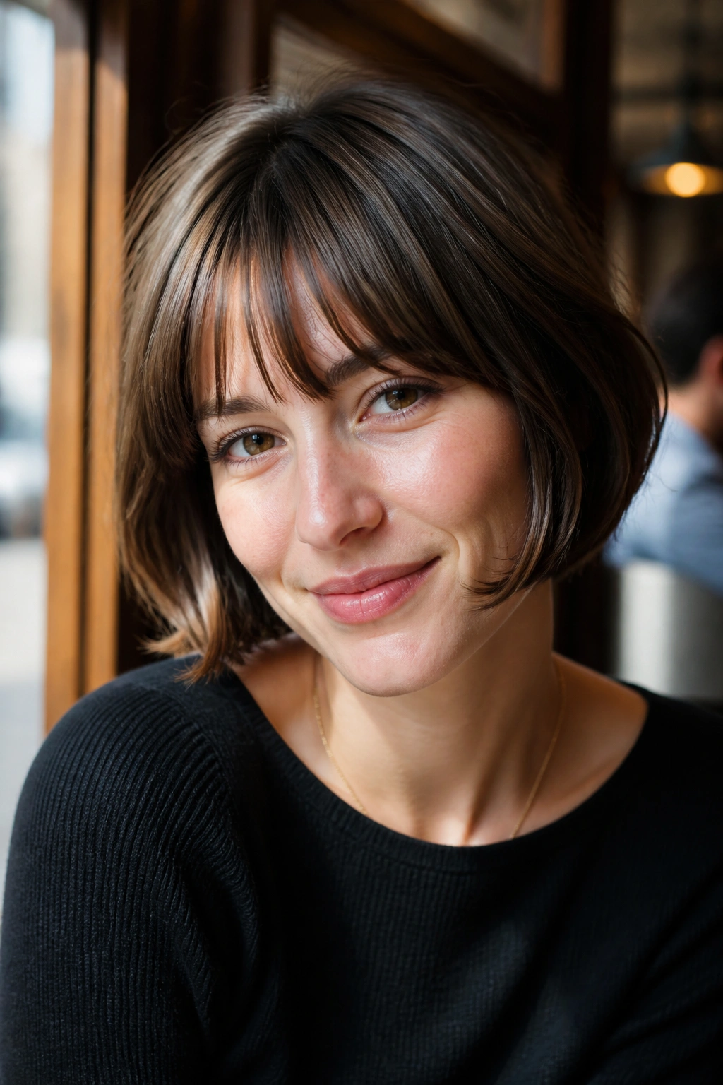 Real woman with French bob and soft fringe posing in a sunlit cafe setting